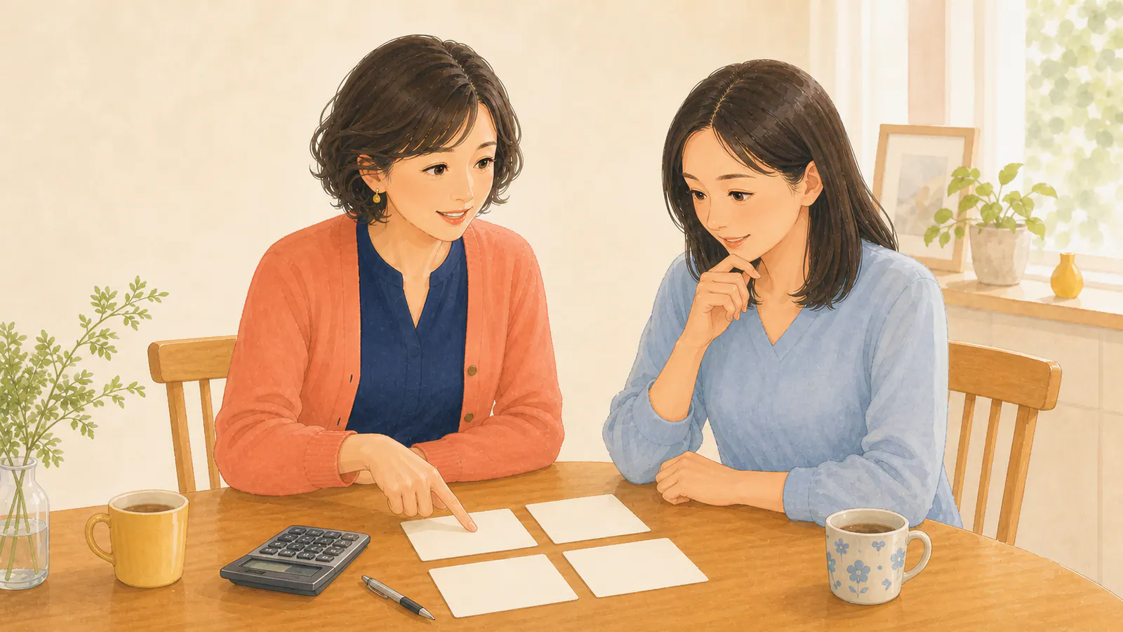 四枚のカードと電卓を使って調査費用の要素を整理するユキエと美咲さん
