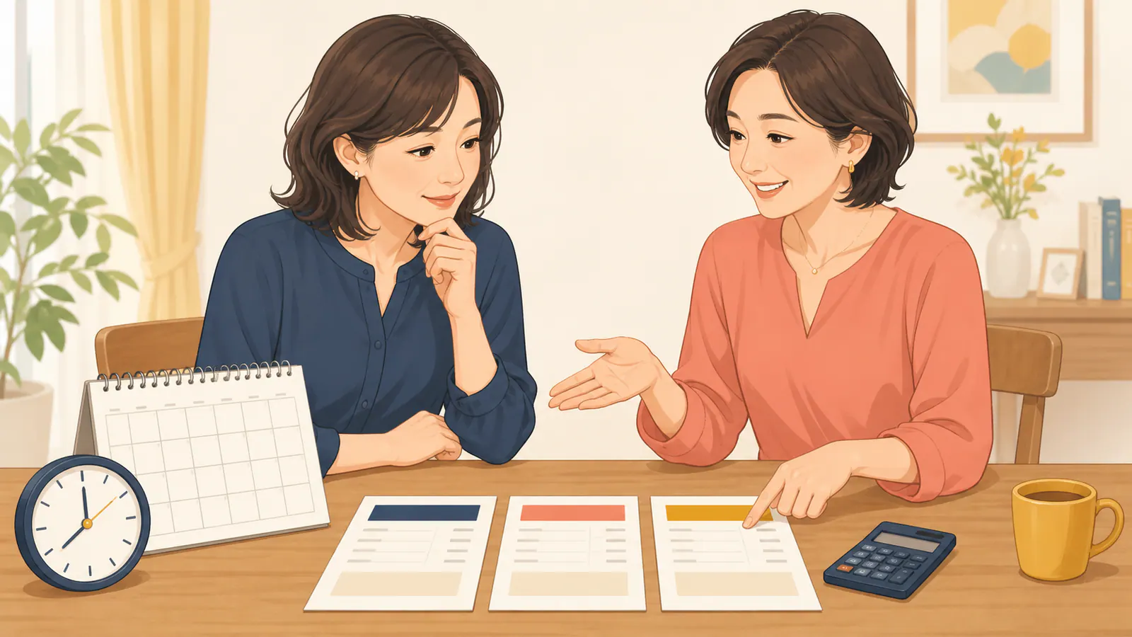 カレンダーと複数の見積書を前に期間別の浮気調査費用を話し合う二人
