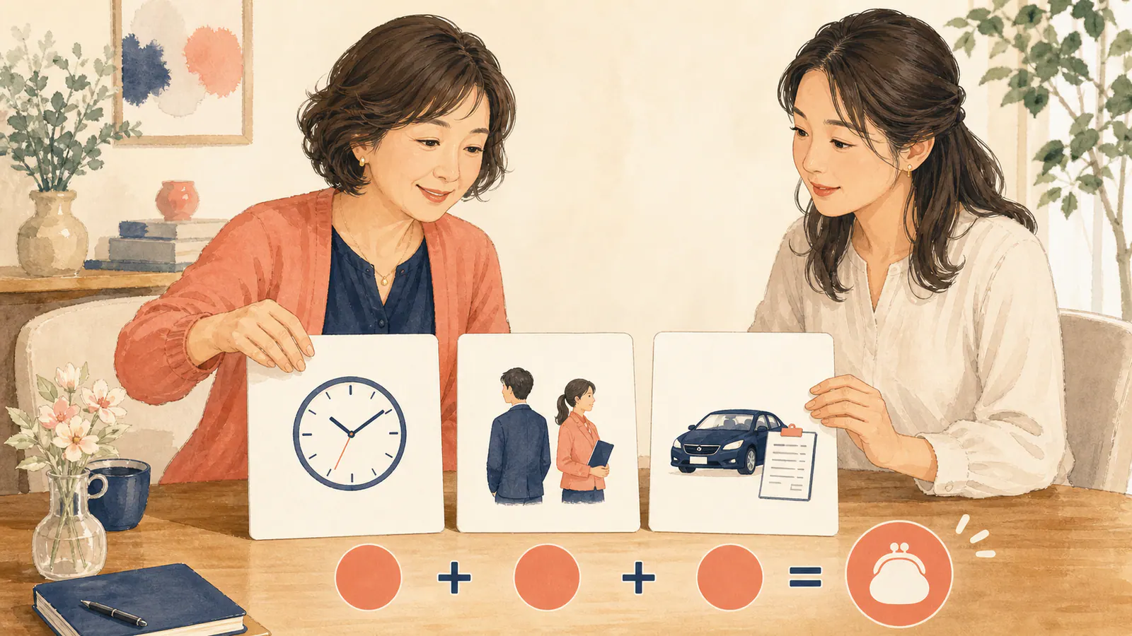 時計、調査員、車両と経費を見ながら一日調査の料金を確認するユキエと相談者