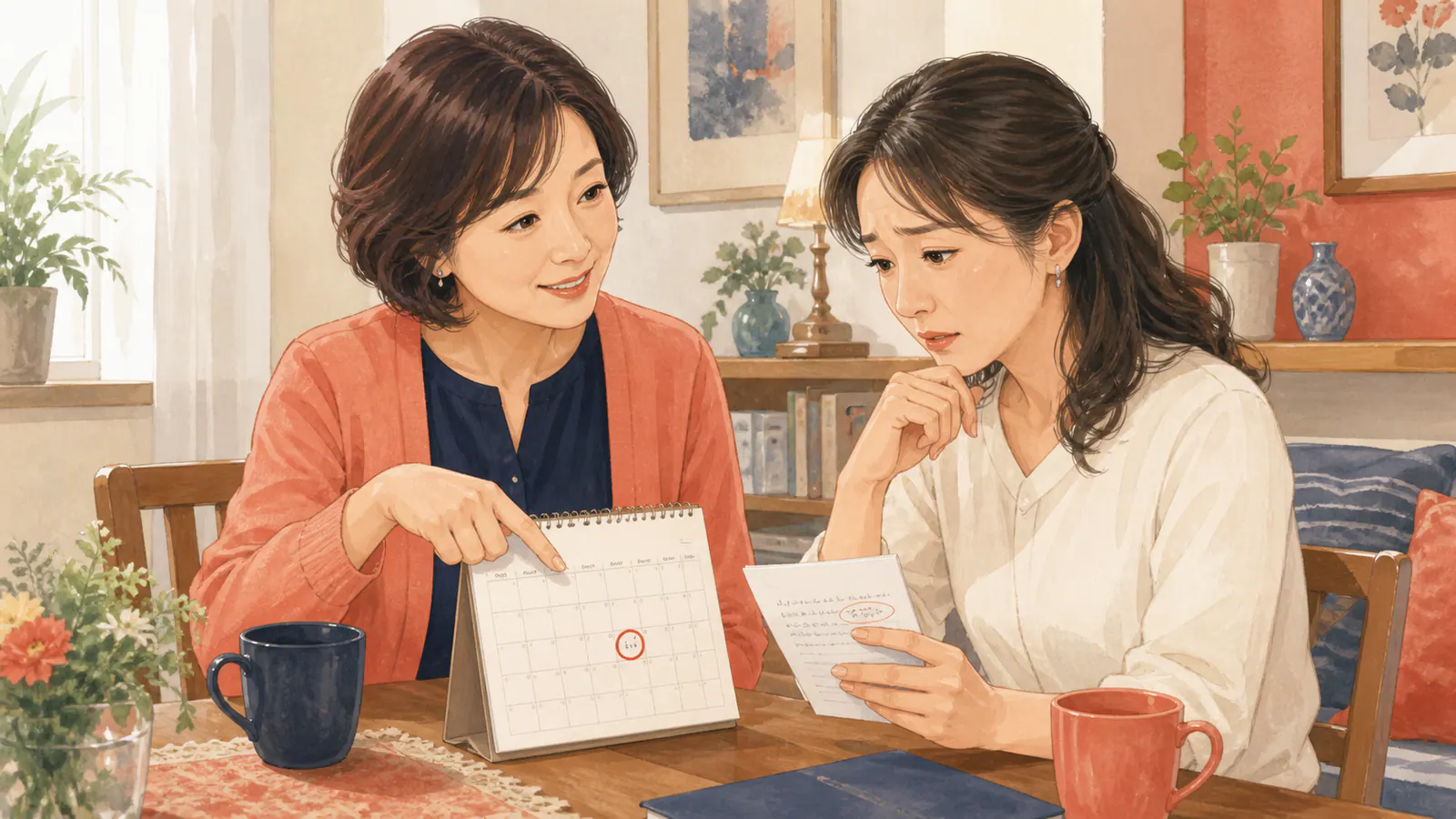 カレンダーの一日を指しながら短期の浮気調査について話すユキエと相談者