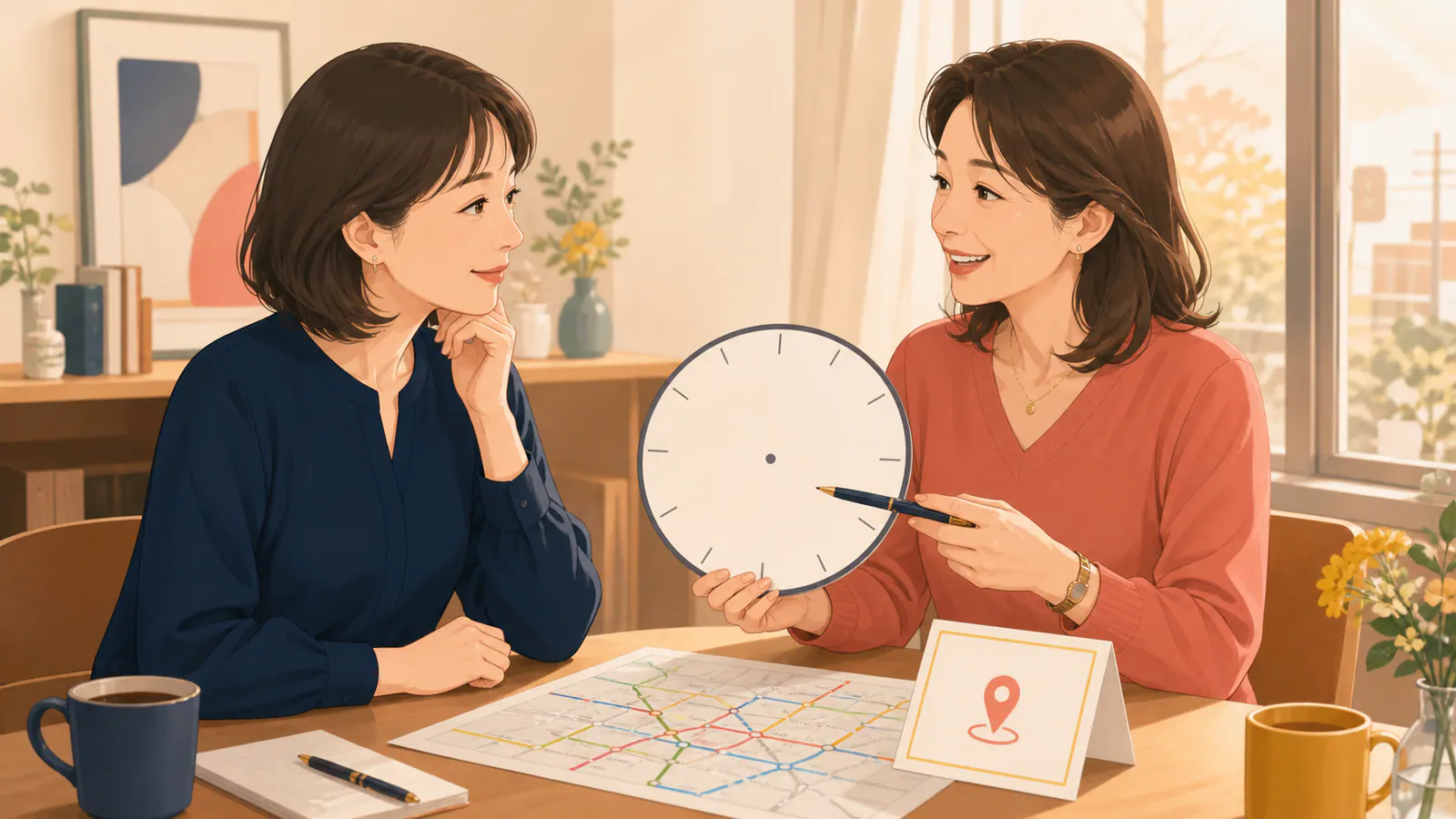 時計と路線図を前に3時間と5時間の浮気調査を相談する二人