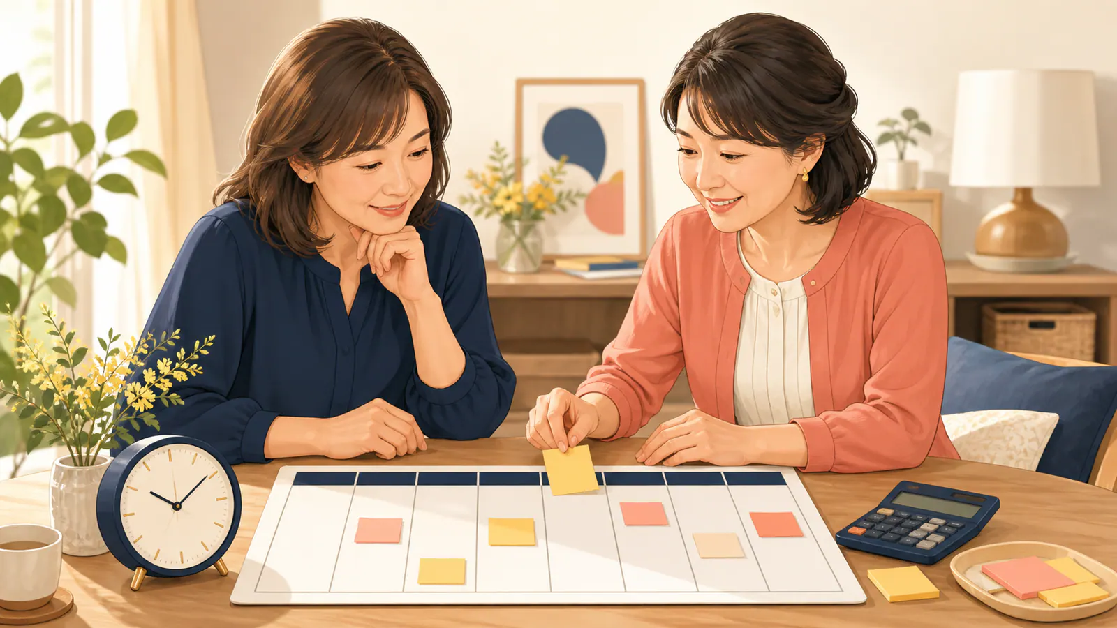 7日間のカレンダーに候補日を置いて浮気調査の時間配分を考える二人