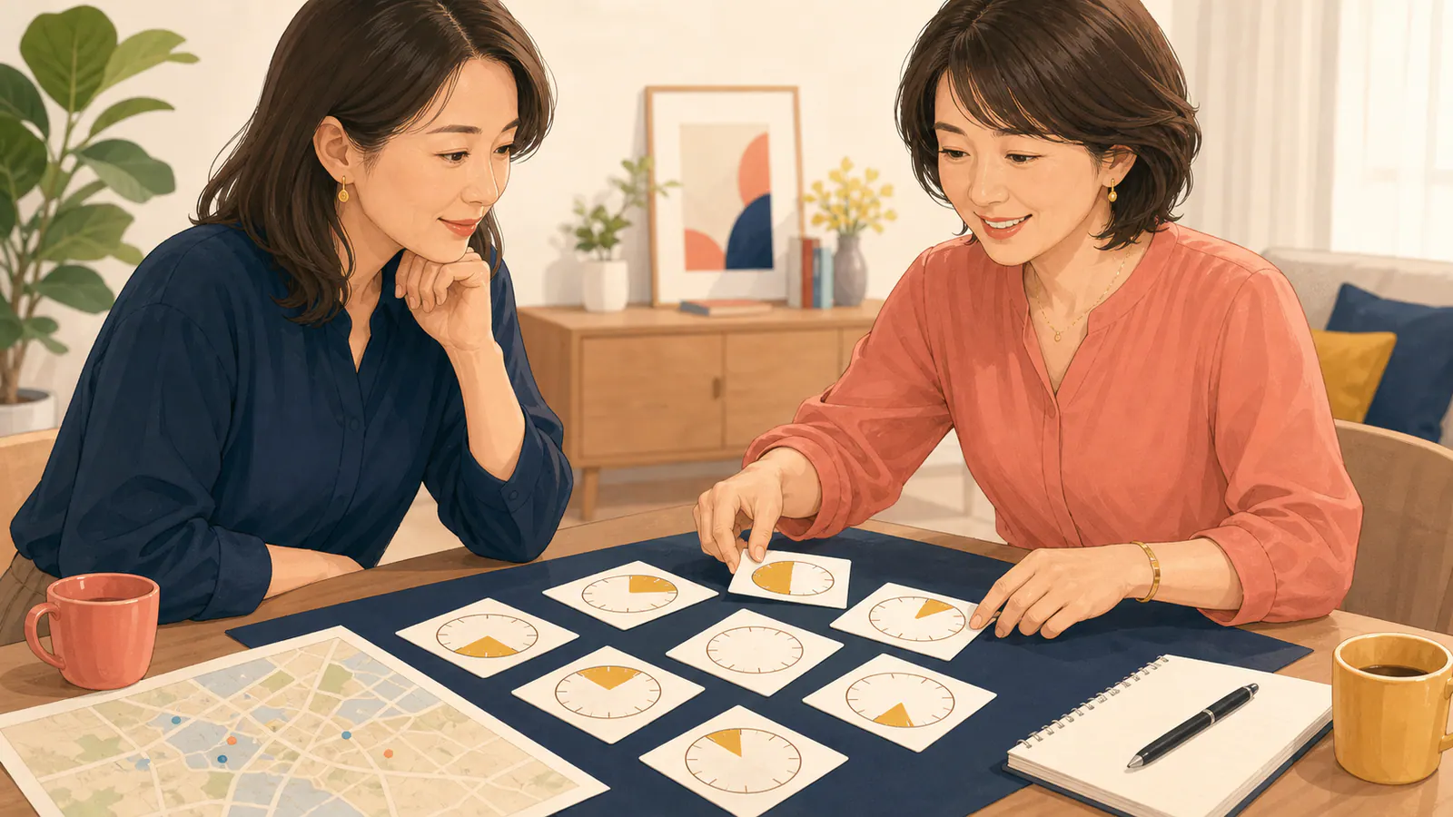時計カードと路線図を並べて浮気調査の必要時間を考える二人