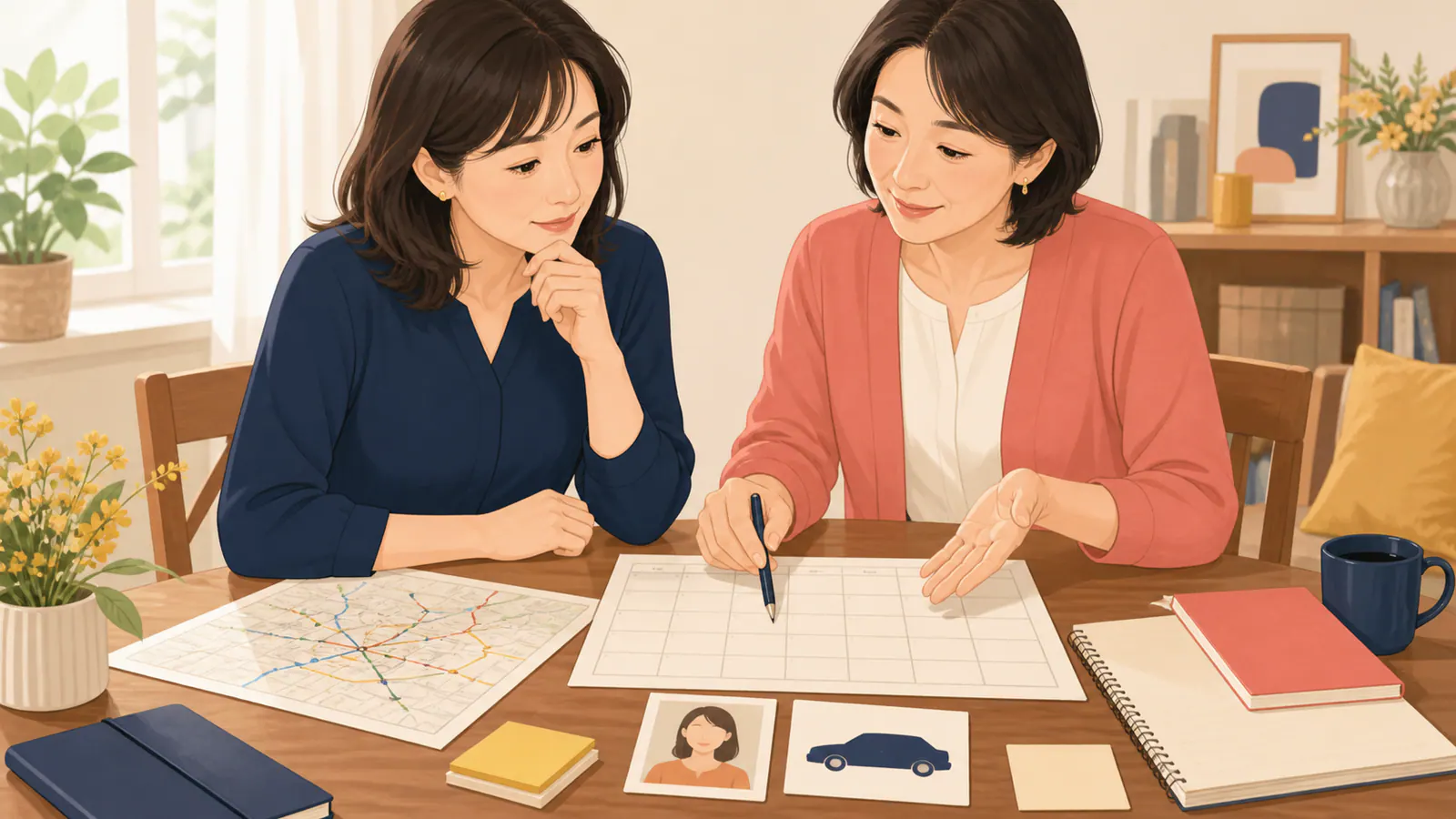 手元の写真とメモを見ながら相談内容を話し合う2人の女性