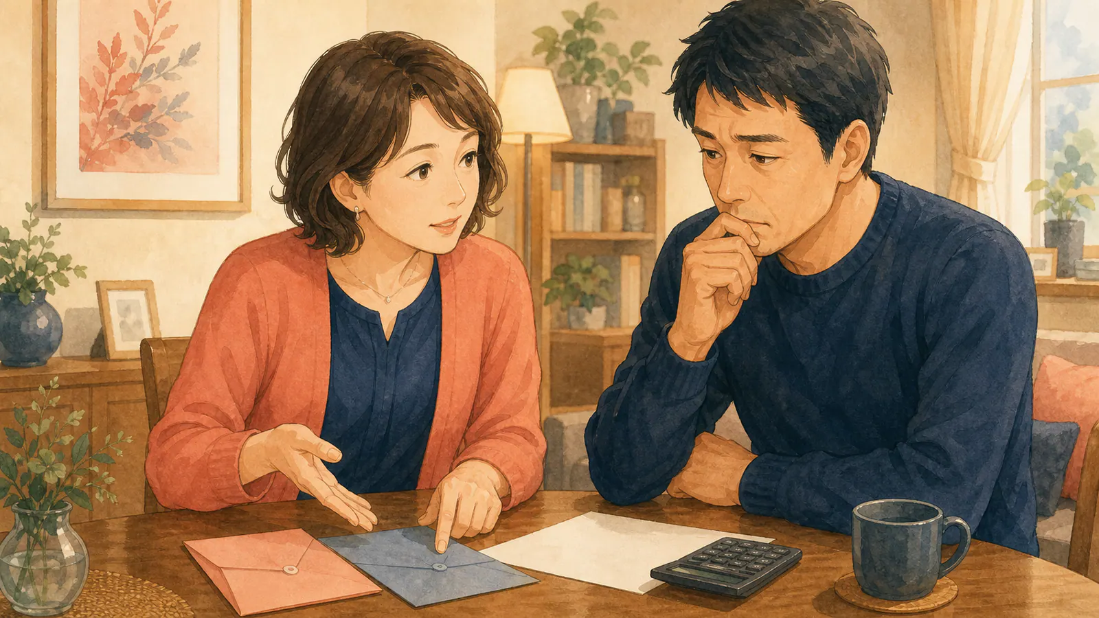 封筒と電卓を前に浮気調査へ使える予算を話し合う場面