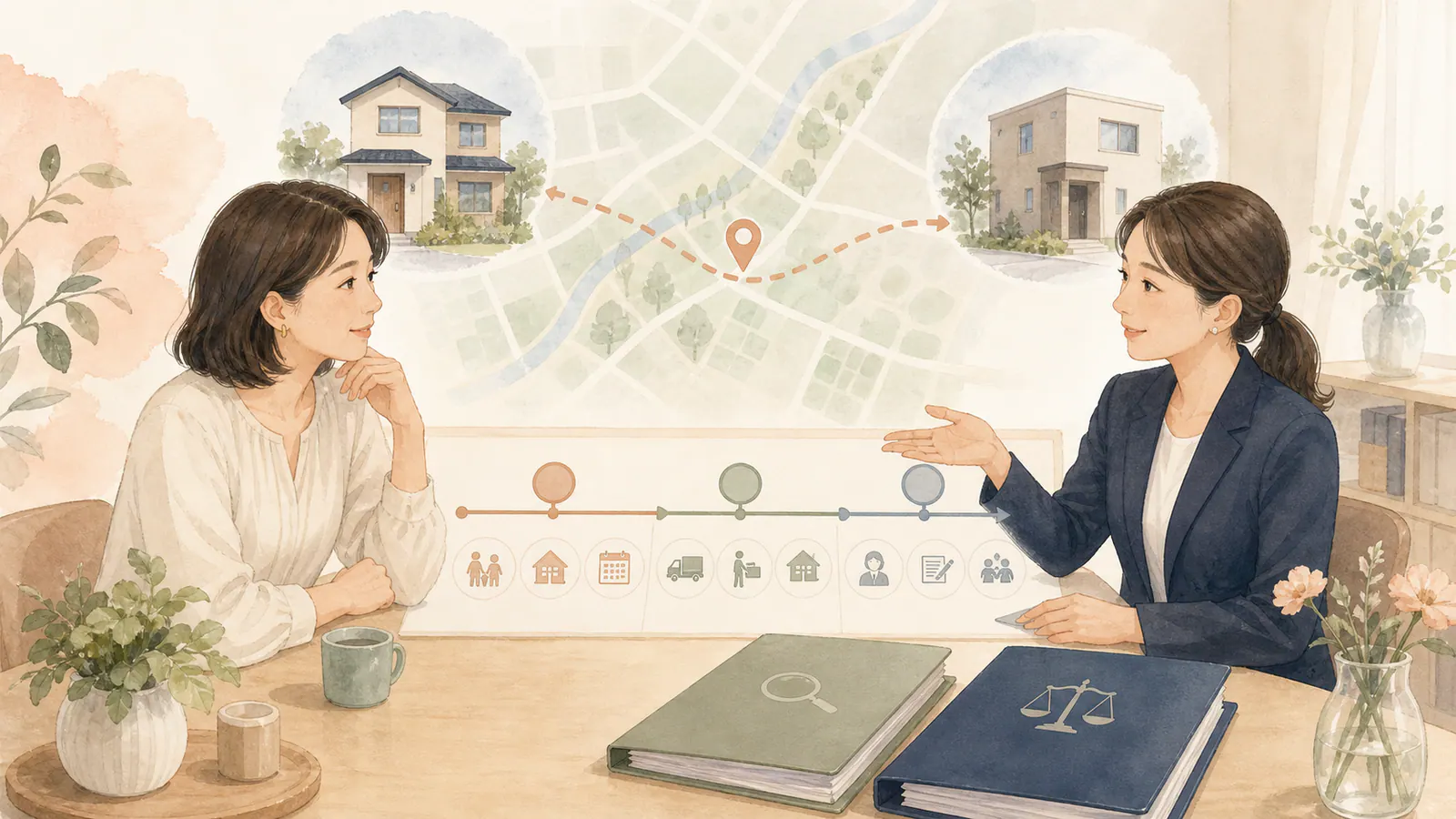 別々の住まいと別居前後の時系列を前に浮気調査を相談する二人