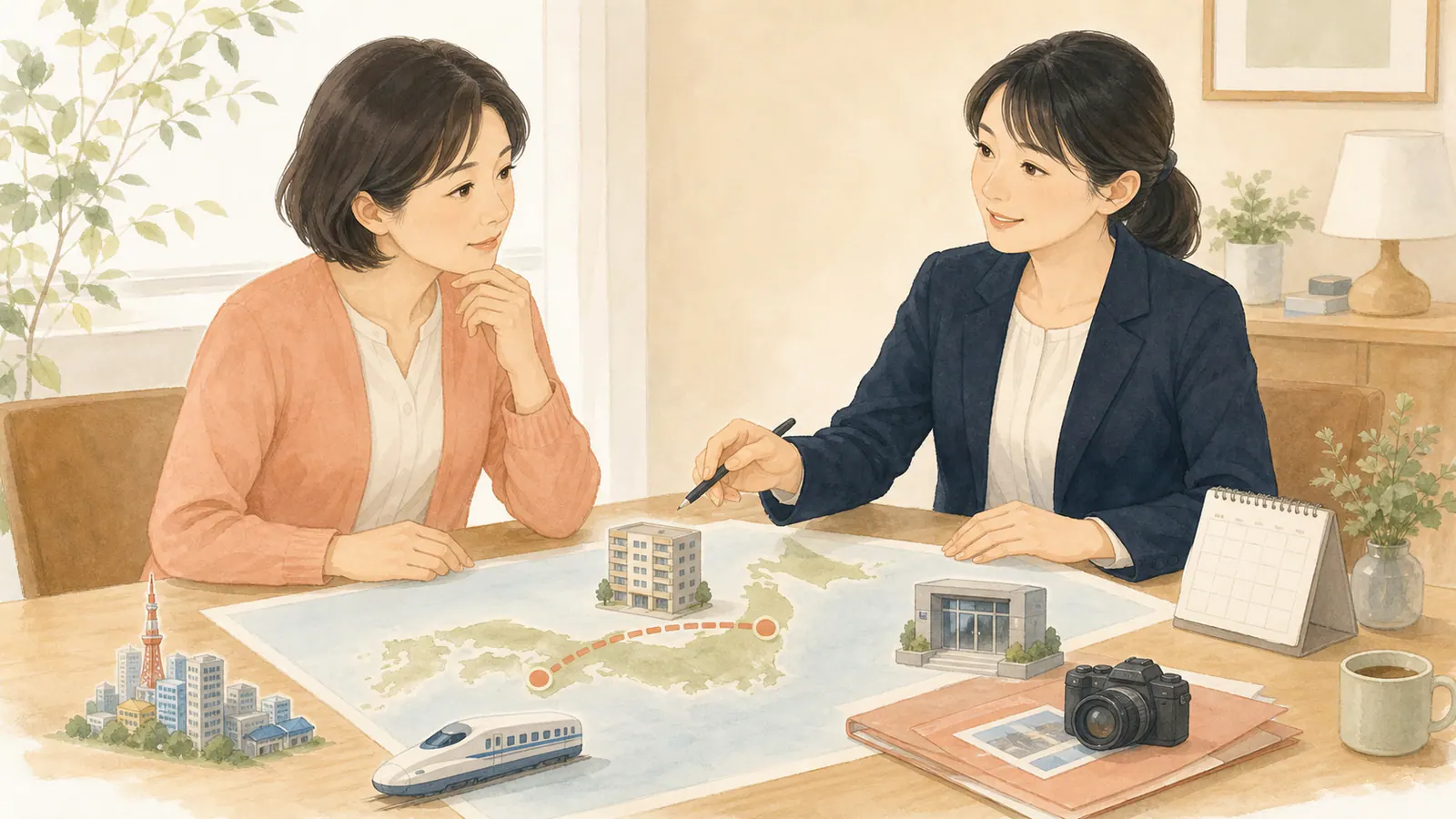 日本地図と赴任先の予定を前に遠方調査の開始条件を相談する女性