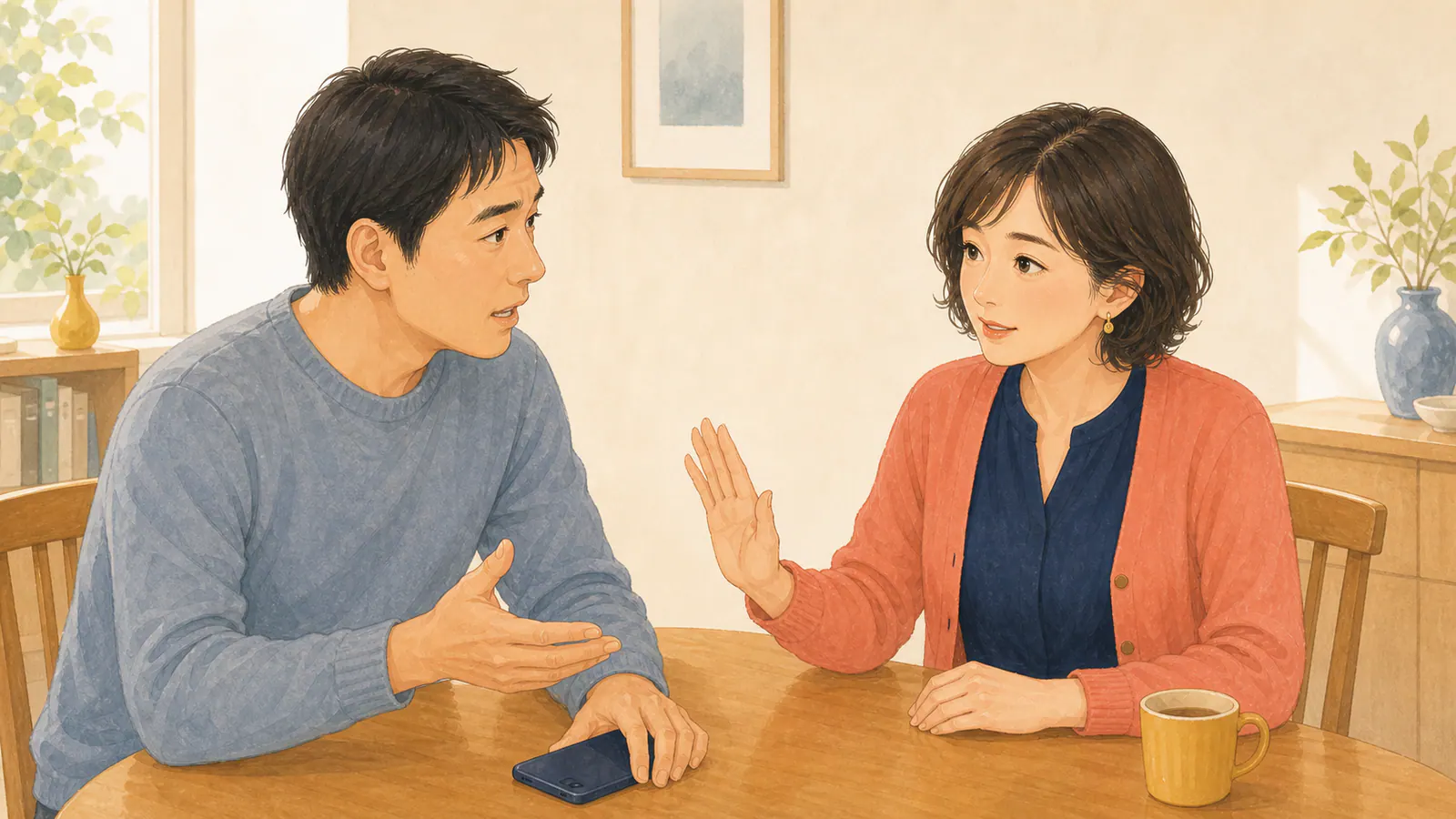 スマートフォンを伏せてユキエと浮気調査の発覚リスクを整理する相談者