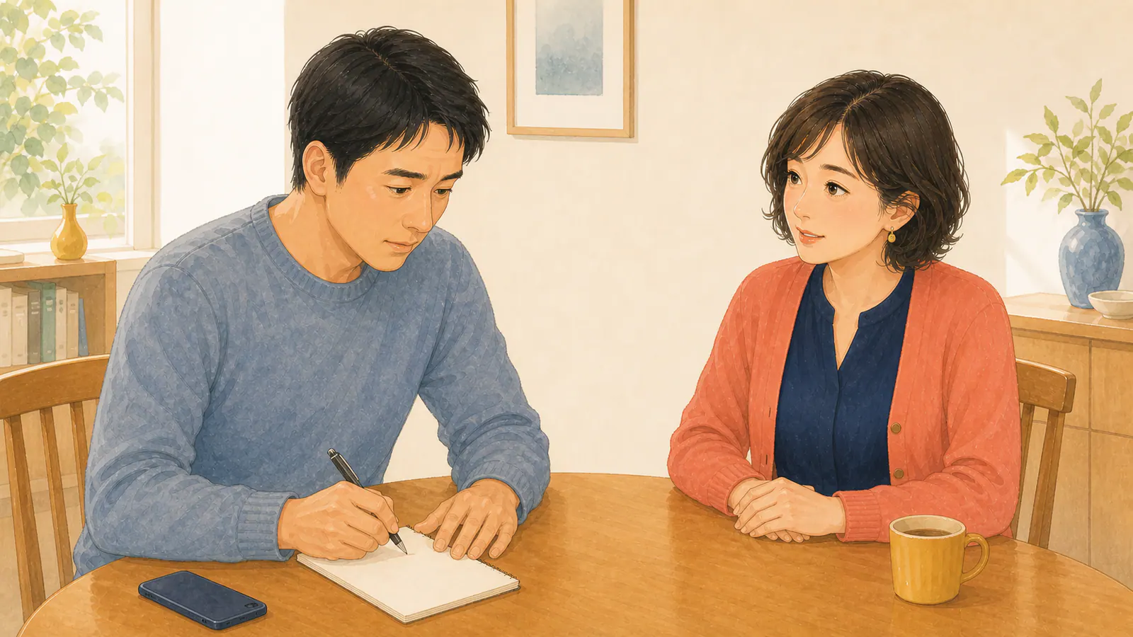 スマートフォンを離して確認済みのことをメモする健太さんと見守るユキエ