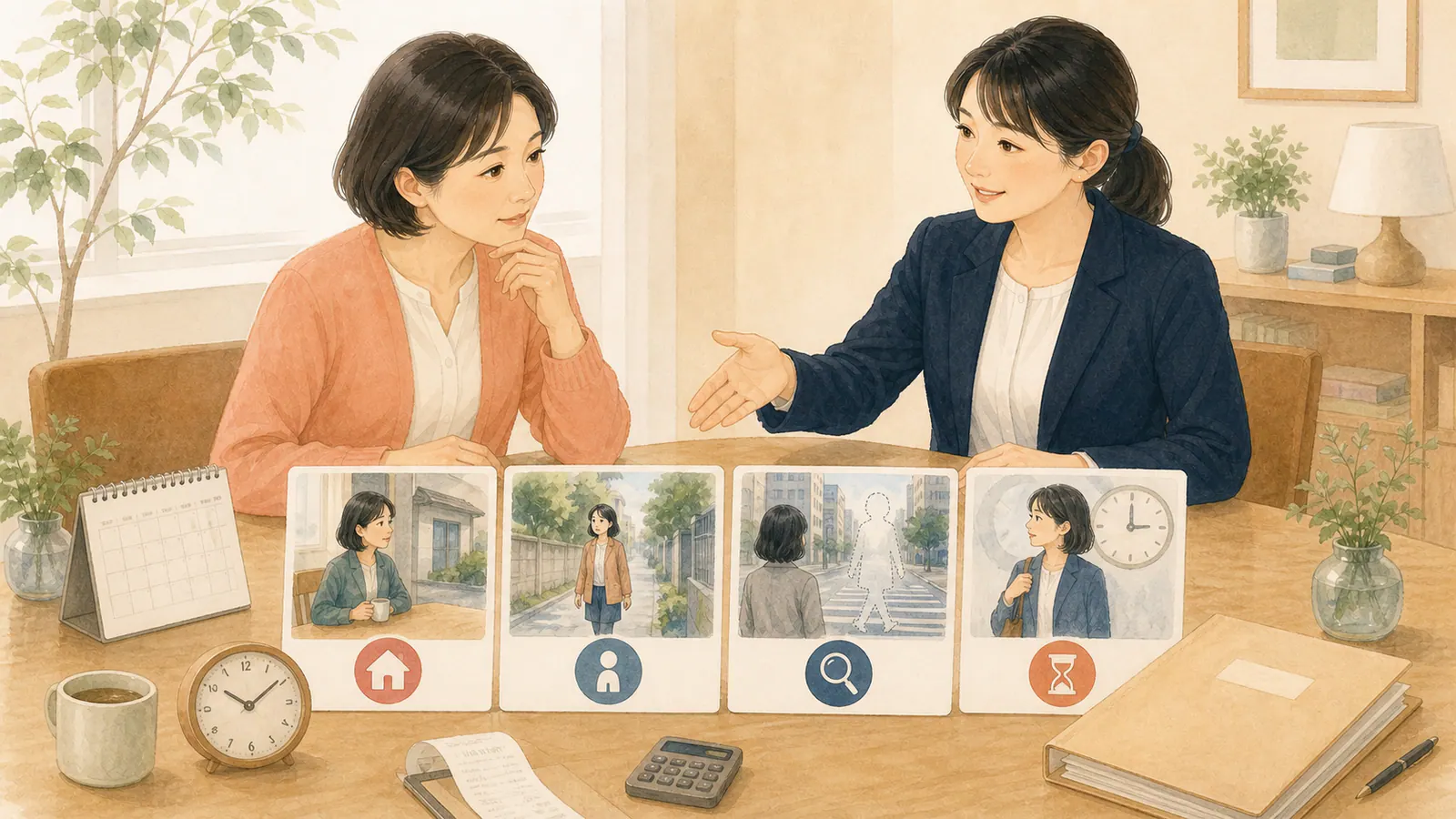 外出なしや見失いなどの場面カードと時計、未使用時間、領収書、報告書を比較する図