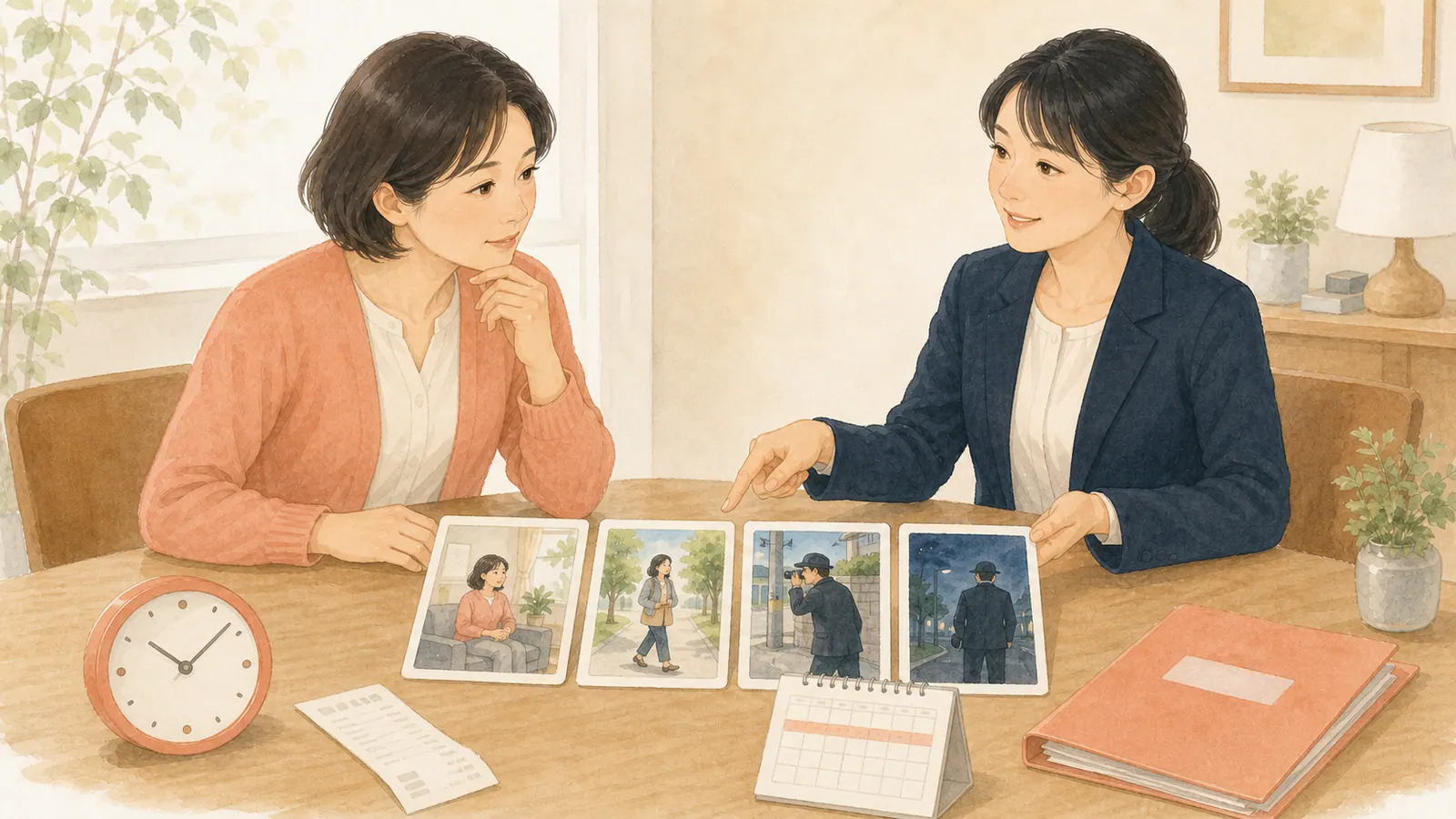 浮気調査で結果が出なかった四つの場面をカードで確認する相談者と担当者