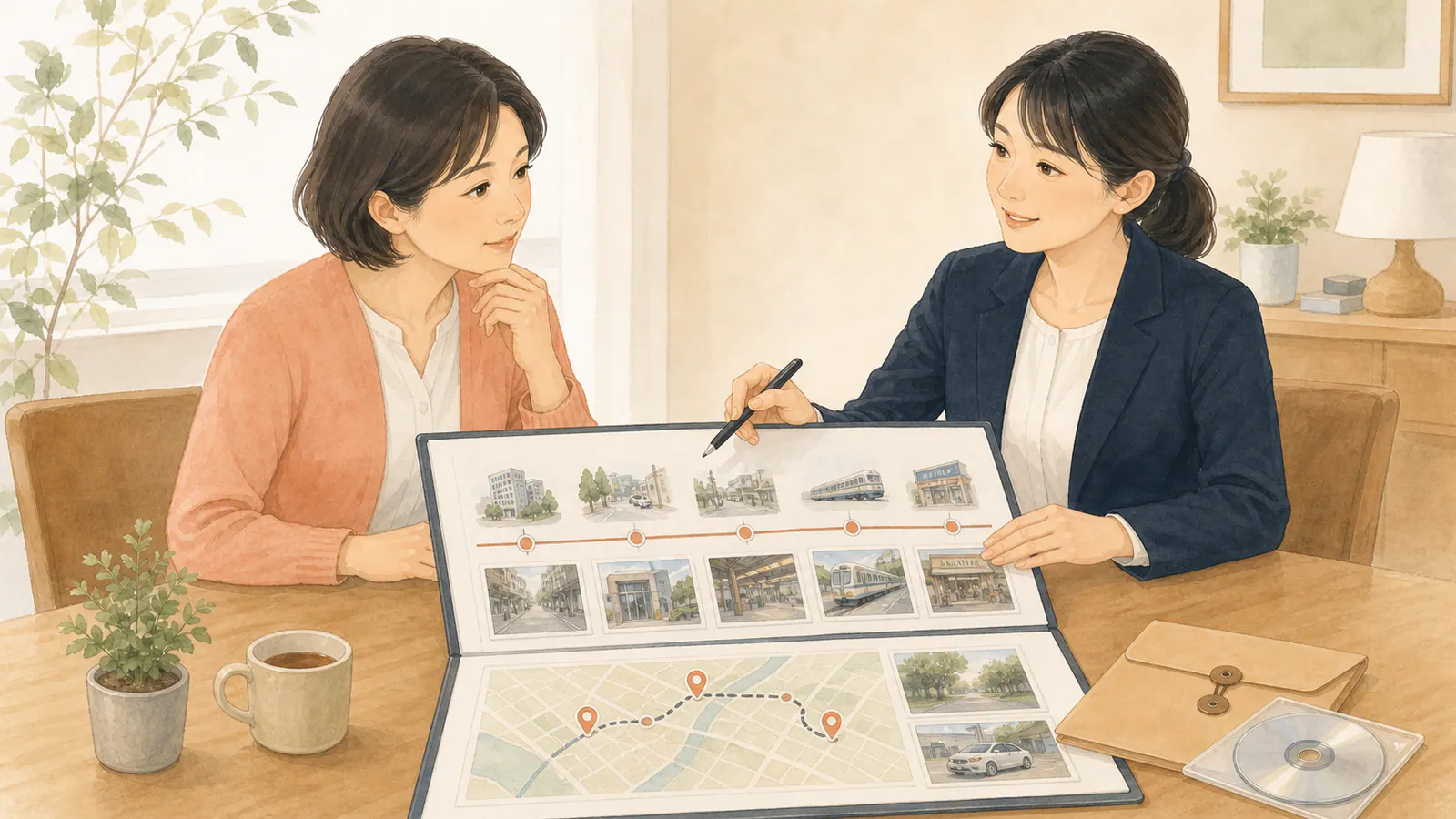 時系列、写真、行動ルートを含む調査報告書を相談者と担当者が確認する場面