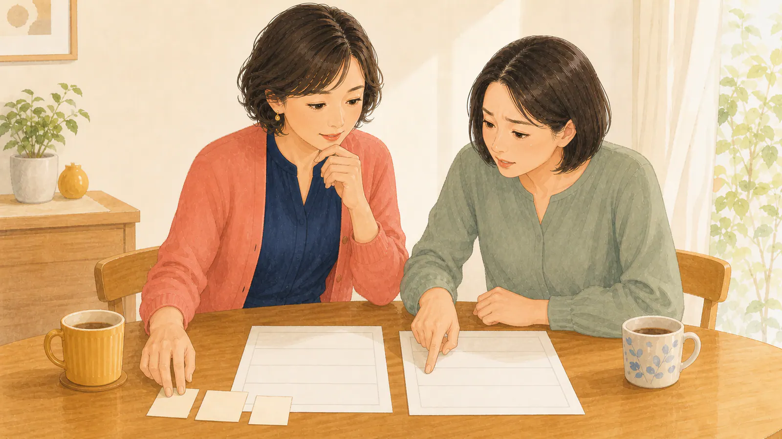 二枚の見積書と質問用の付箋を並べるユキエと恵さん