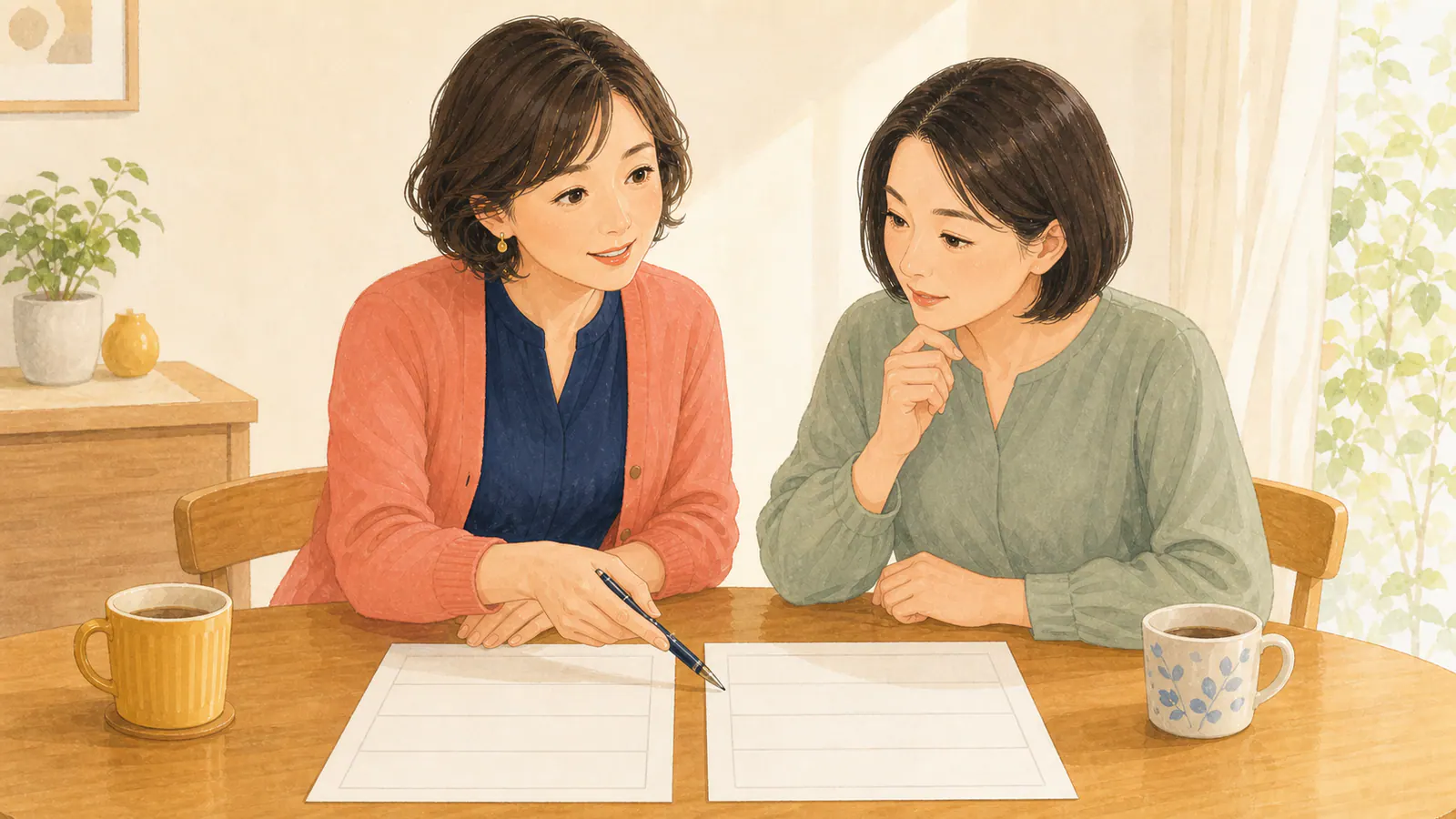 二枚の白い見積書を並べて比較するユキエと相談者