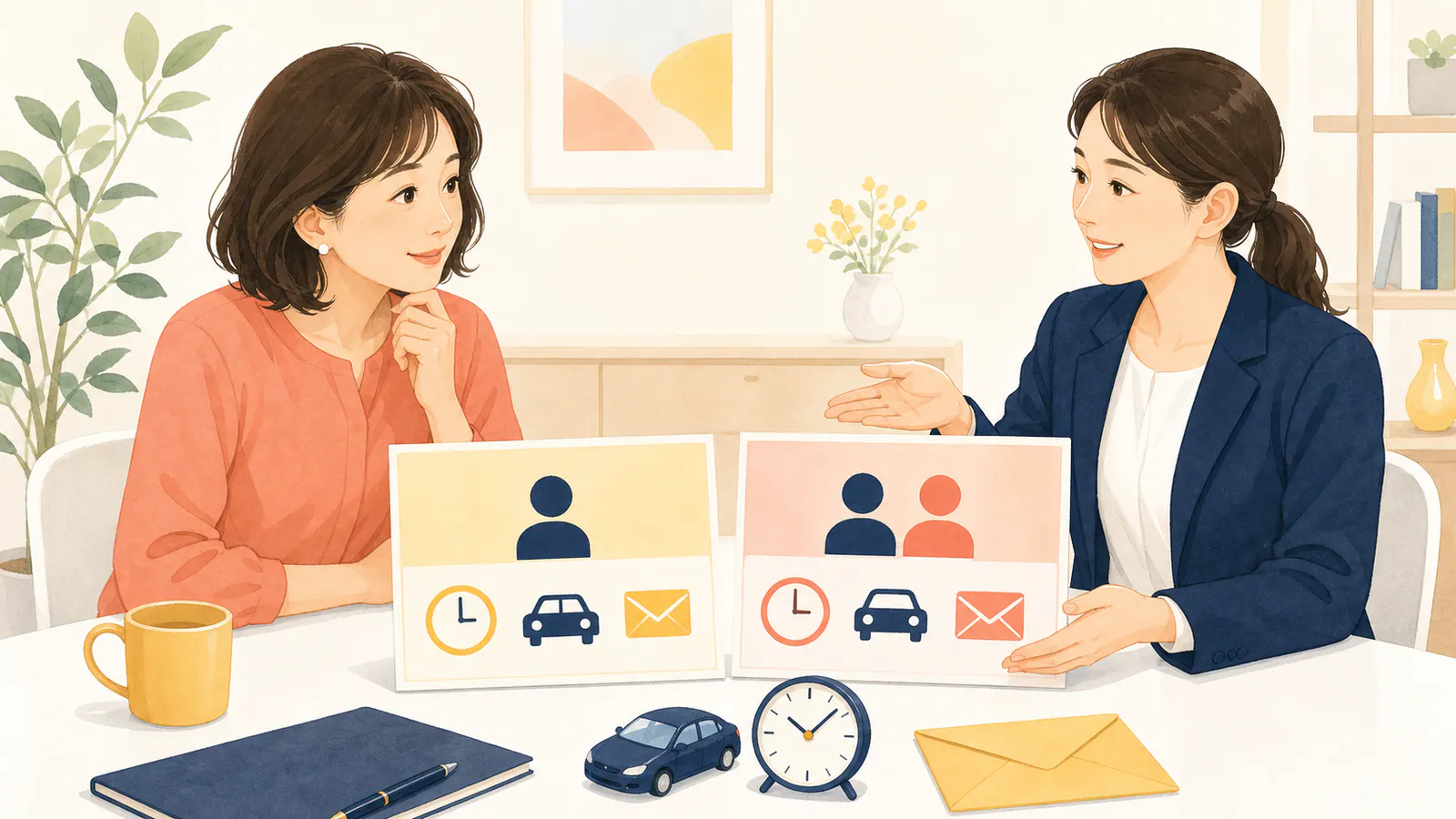 相談者と担当者が調査員1名と2名の役割と総額を比べる場面