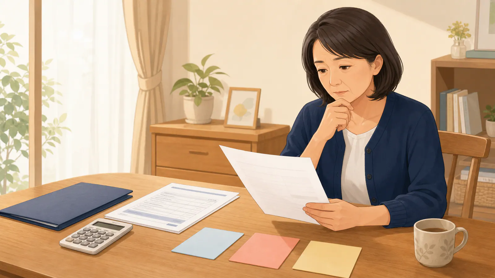 見積もりの資料と電卓を前に、金額を確かめる女性