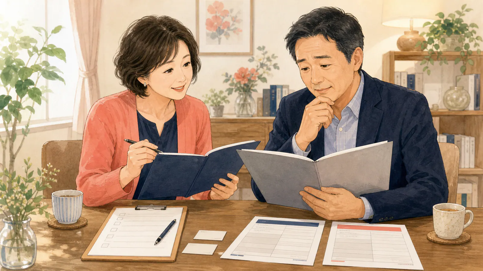 見積もりの資料を手に、ユキエへ相談する男性