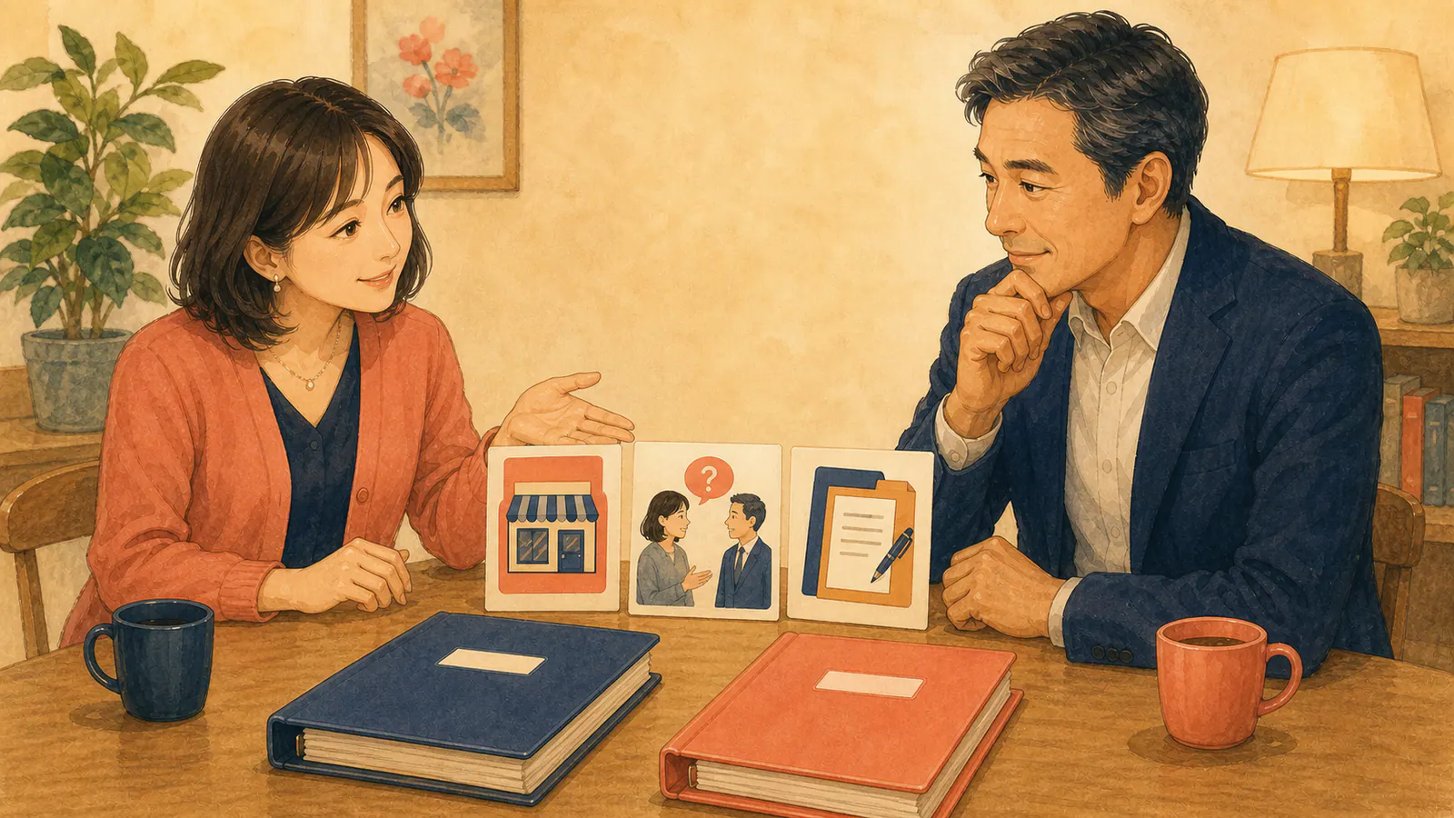 標識、相談時の質問、契約書の三段階で探偵を比べる案内役の女性と隆司さん