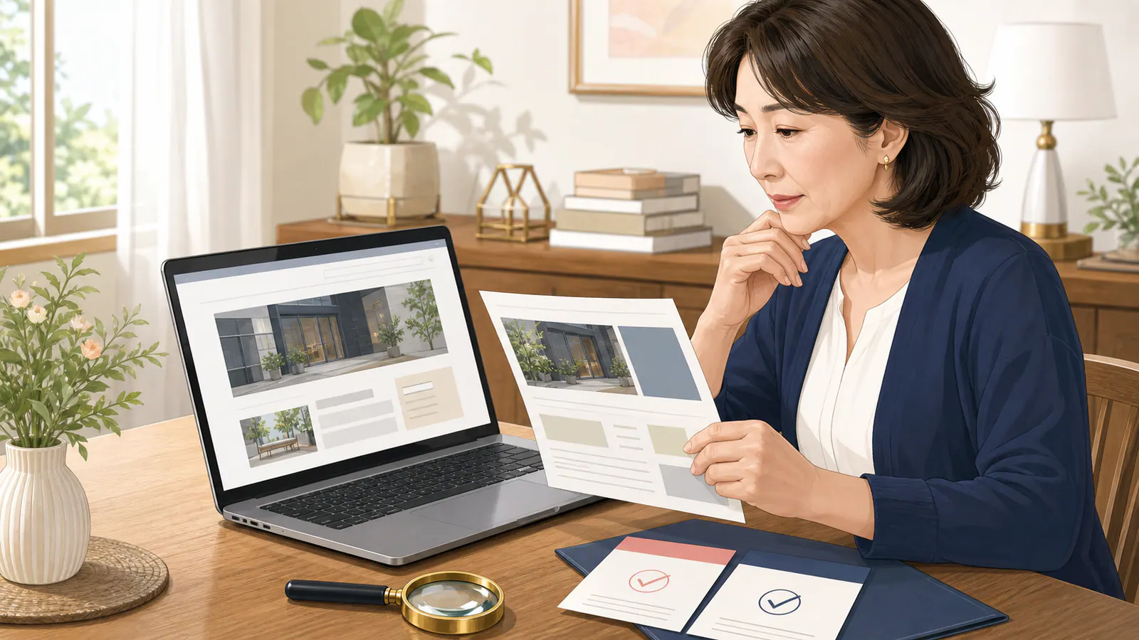 公式サイトと探偵業の標識を虫眼鏡で照合する相談者