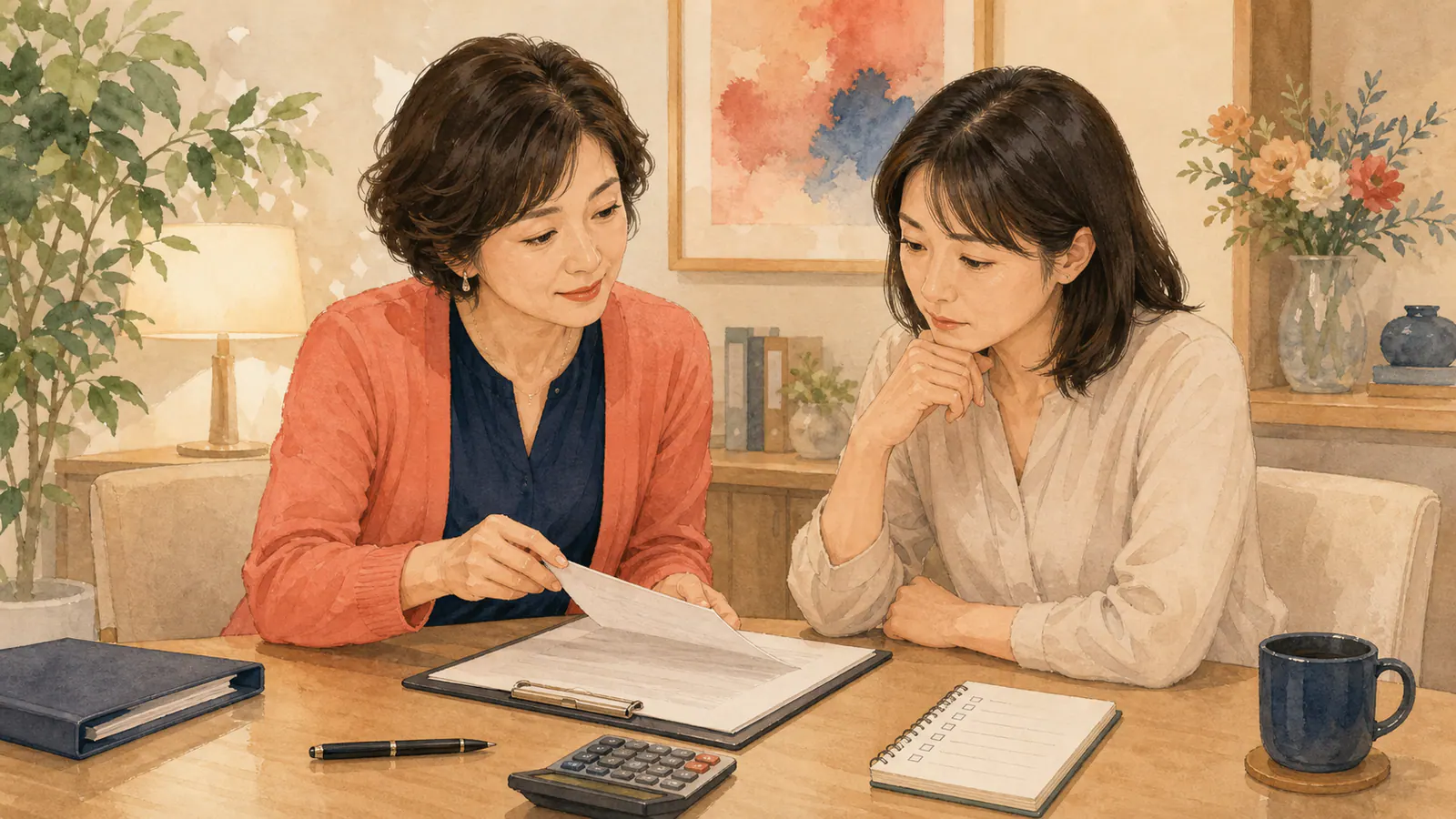 ペンを置き探偵との契約内容を一項目ずつ確認するユキエと相談者
