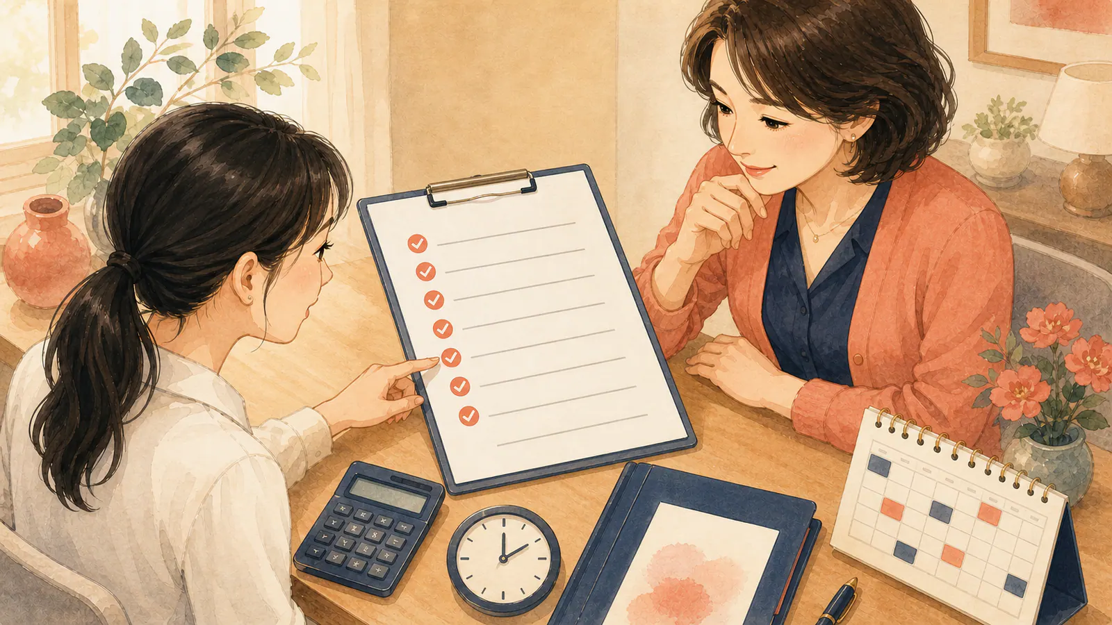 料金、時間、報告、解約など七つの契約項目を確認するユキエと相談者