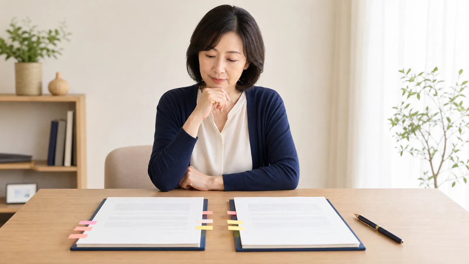 重要事項説明書と契約内容の書面を左右に並べて照合する相談者
