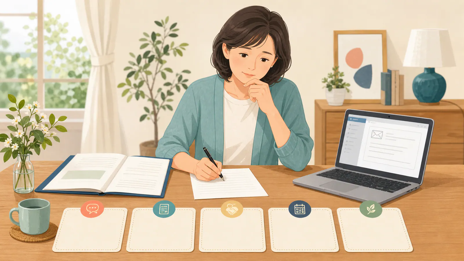契約書とメール画面を前に探偵調査の停止連絡を整理する女性