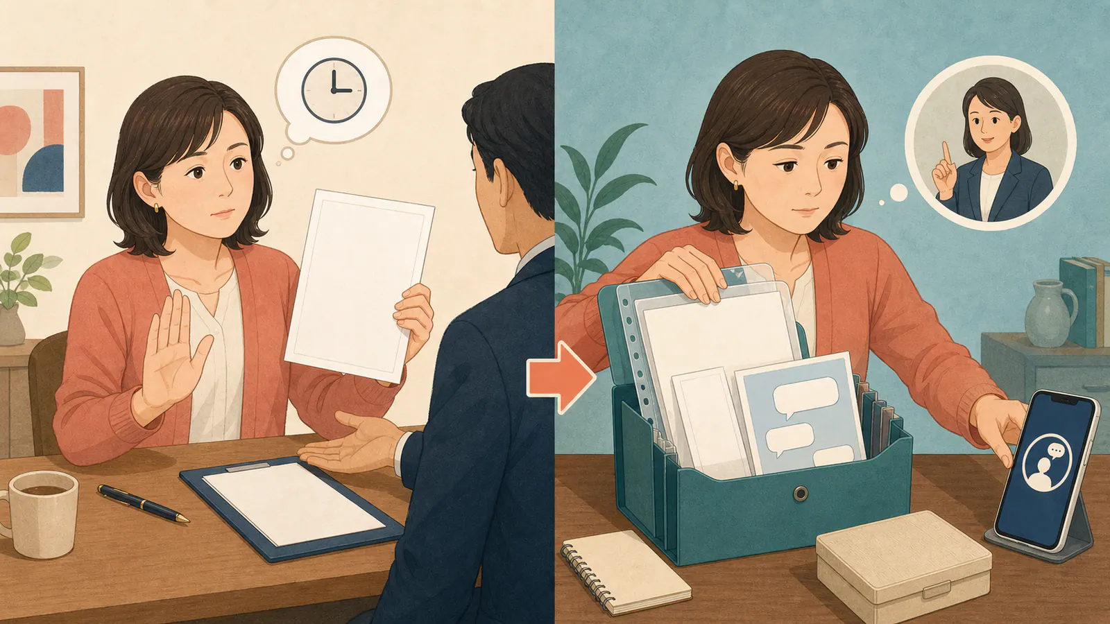契約前の署名停止と契約後の記録保存・電話相談を左右に分けた図