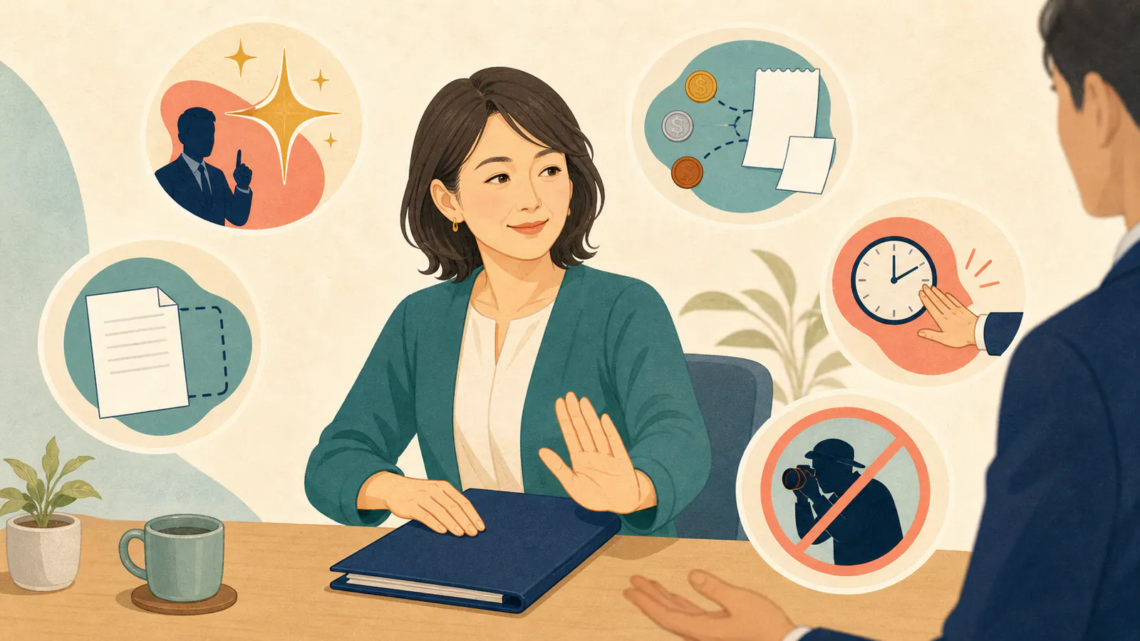 契約書を閉じて五つの注意サインを確認する女性