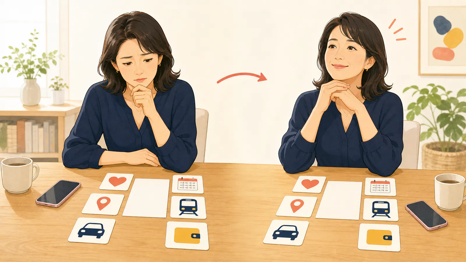 同じ相談者が情報を書き出す前後で不安な表情から落ち着いた表情へ変わる場面