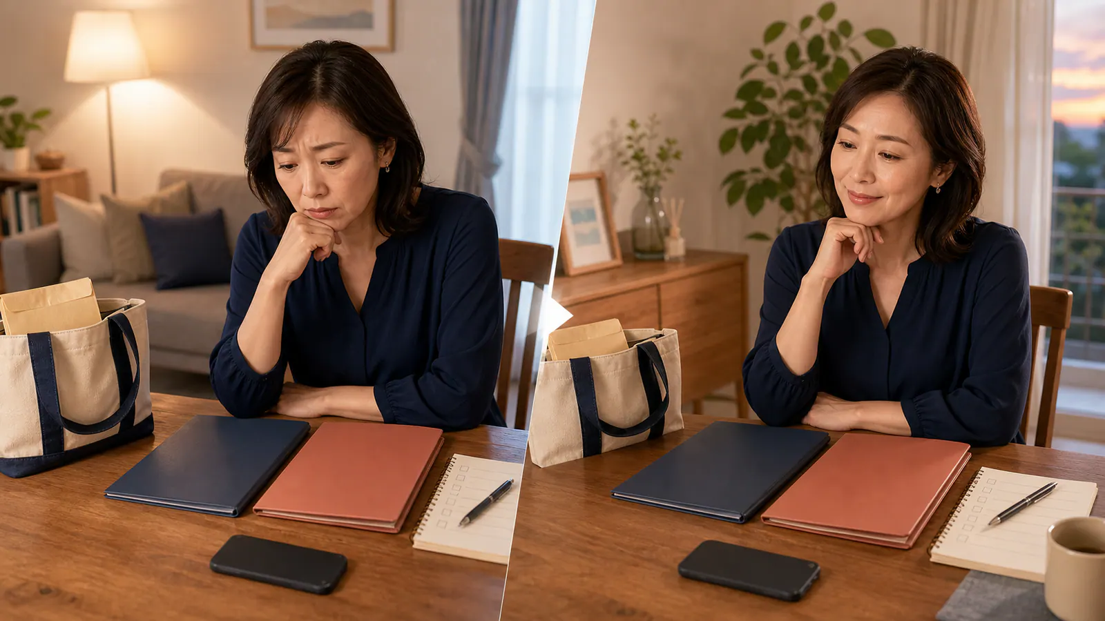 女性が自宅へ持ち帰った二つの見積書を落ち着いて比べる様子