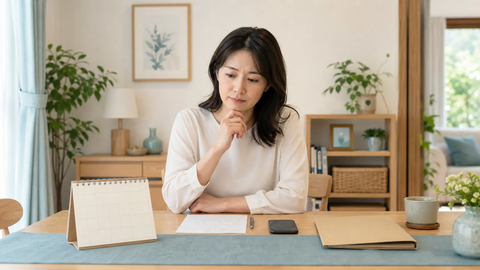 カレンダーとメモを前に探偵へ相談する時期を考える女性