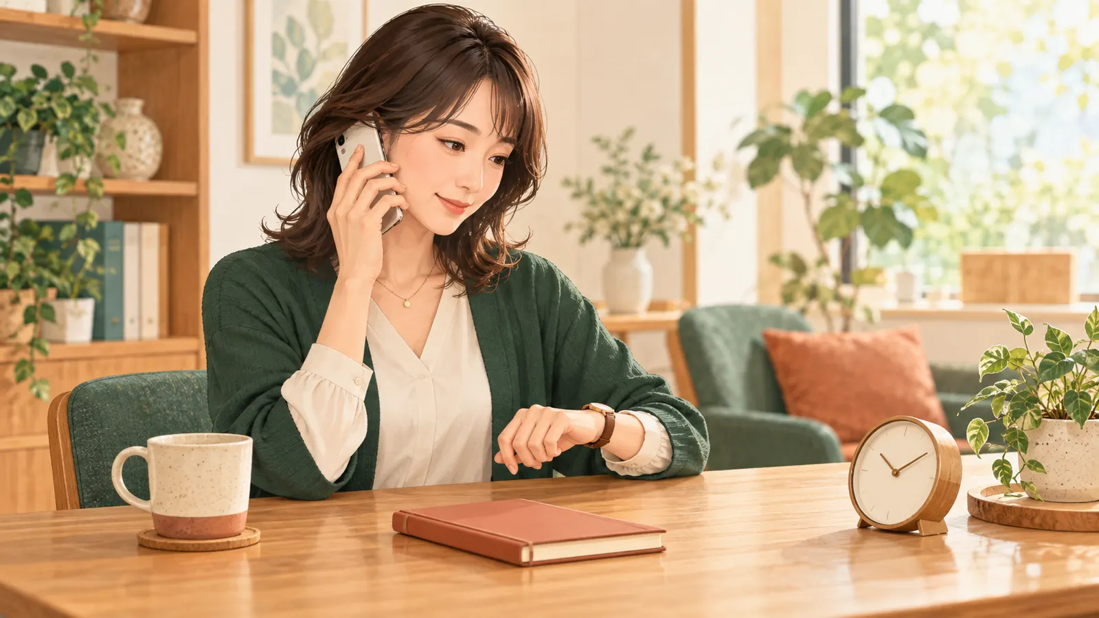 電話を耳に当て、腕時計を確認する女性