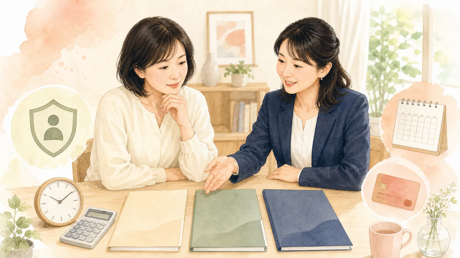 三冊の見積もりフォルダーを前に相談条件を比べる女性と案内役