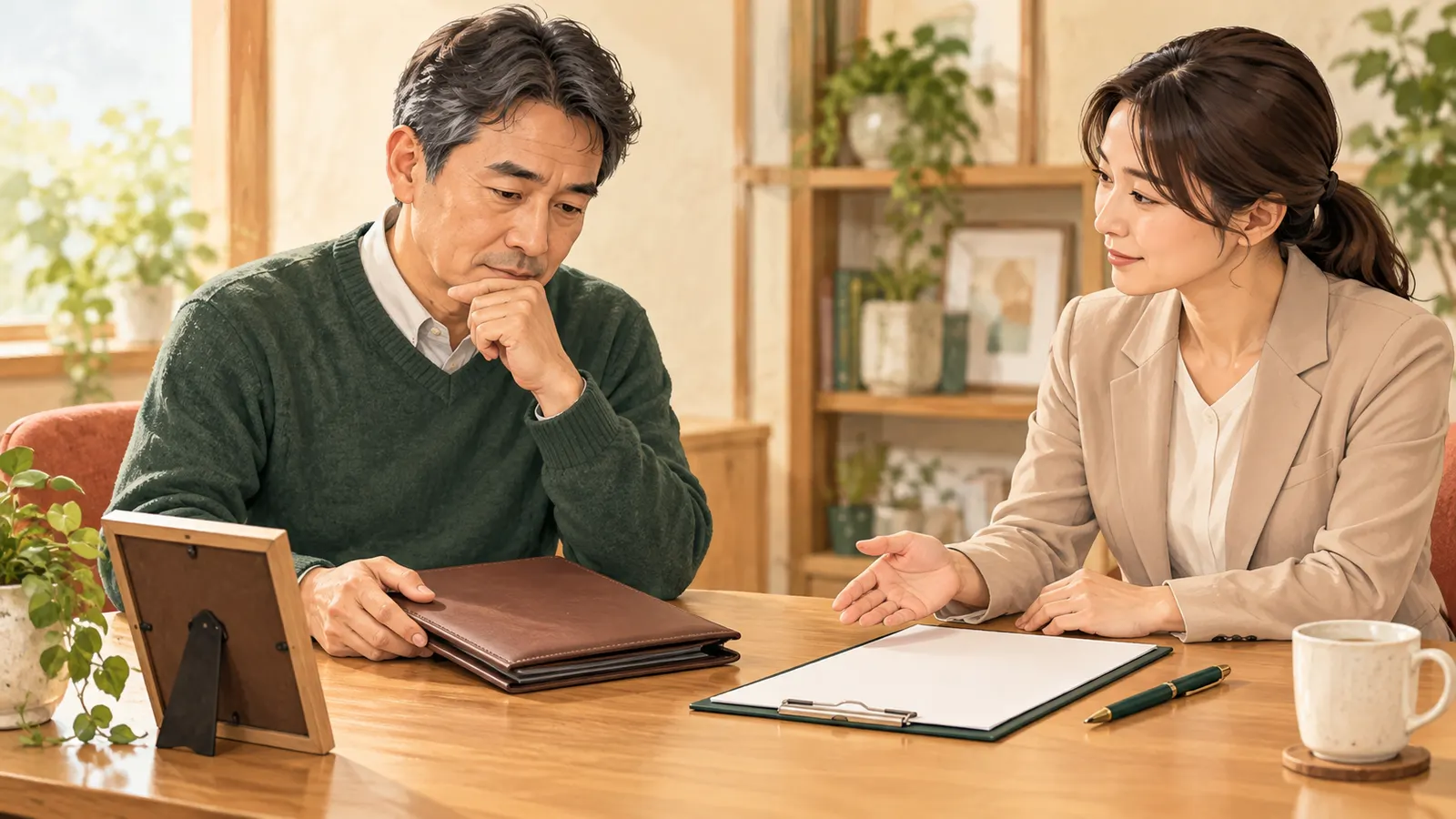 家族の情報をまとめた資料を前に相談担当者と見積もりを確認する男性