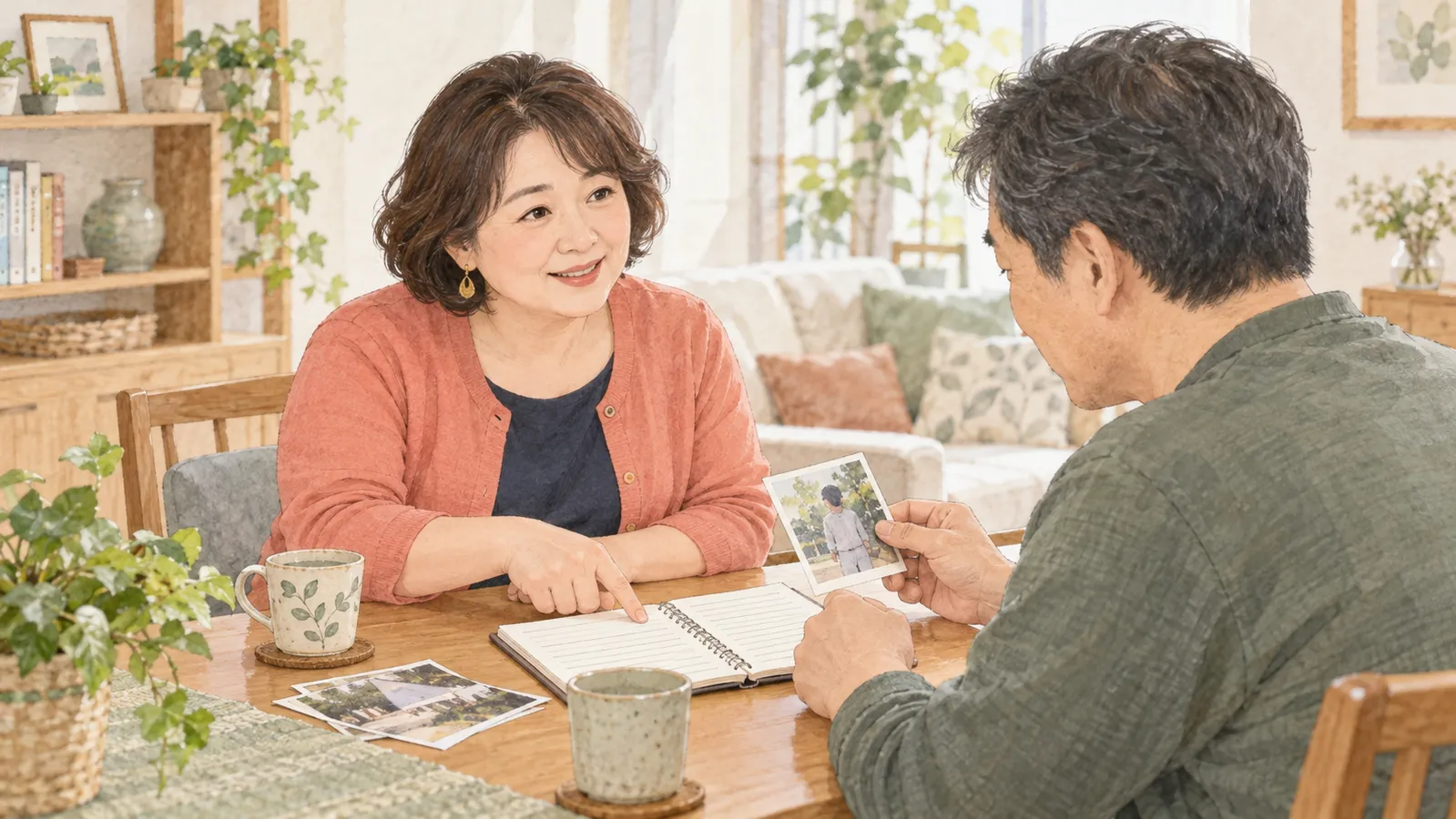 古い家族写真とメモを見せる男性の話を聞くユキエ