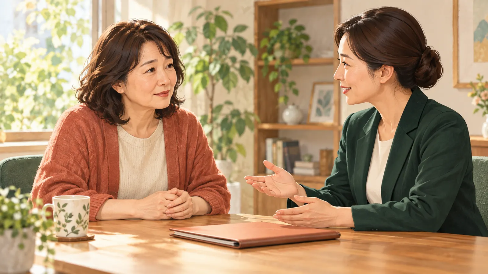 家族の所在確認の目的を相談担当者へ説明する女性