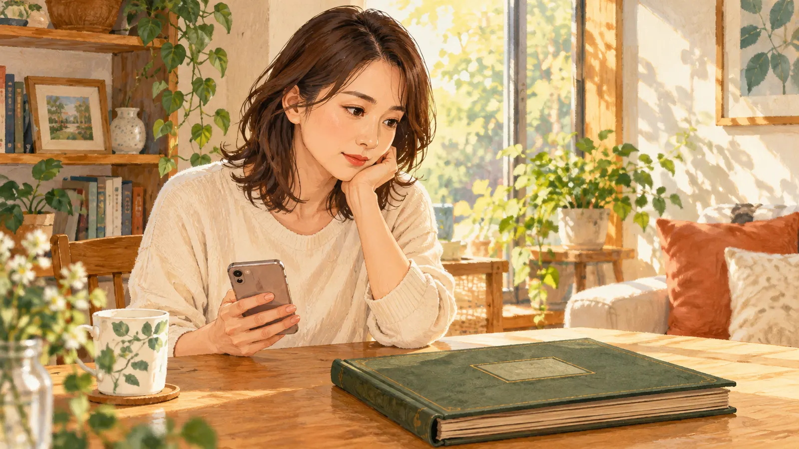 スマートフォンを手に、閉じたアルバムの前で考える女性