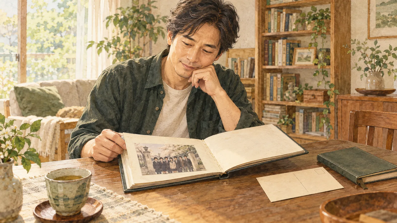 昔の集合写真とはがきをアルバムで見返し、友人への連絡を考える男性