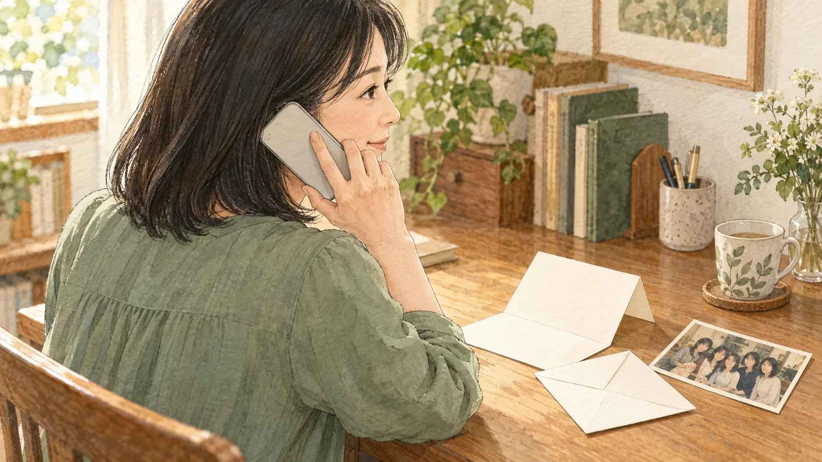 机に手紙と昔の写真を置き、友人へ用件を伝えたい希望を電話で話す女性