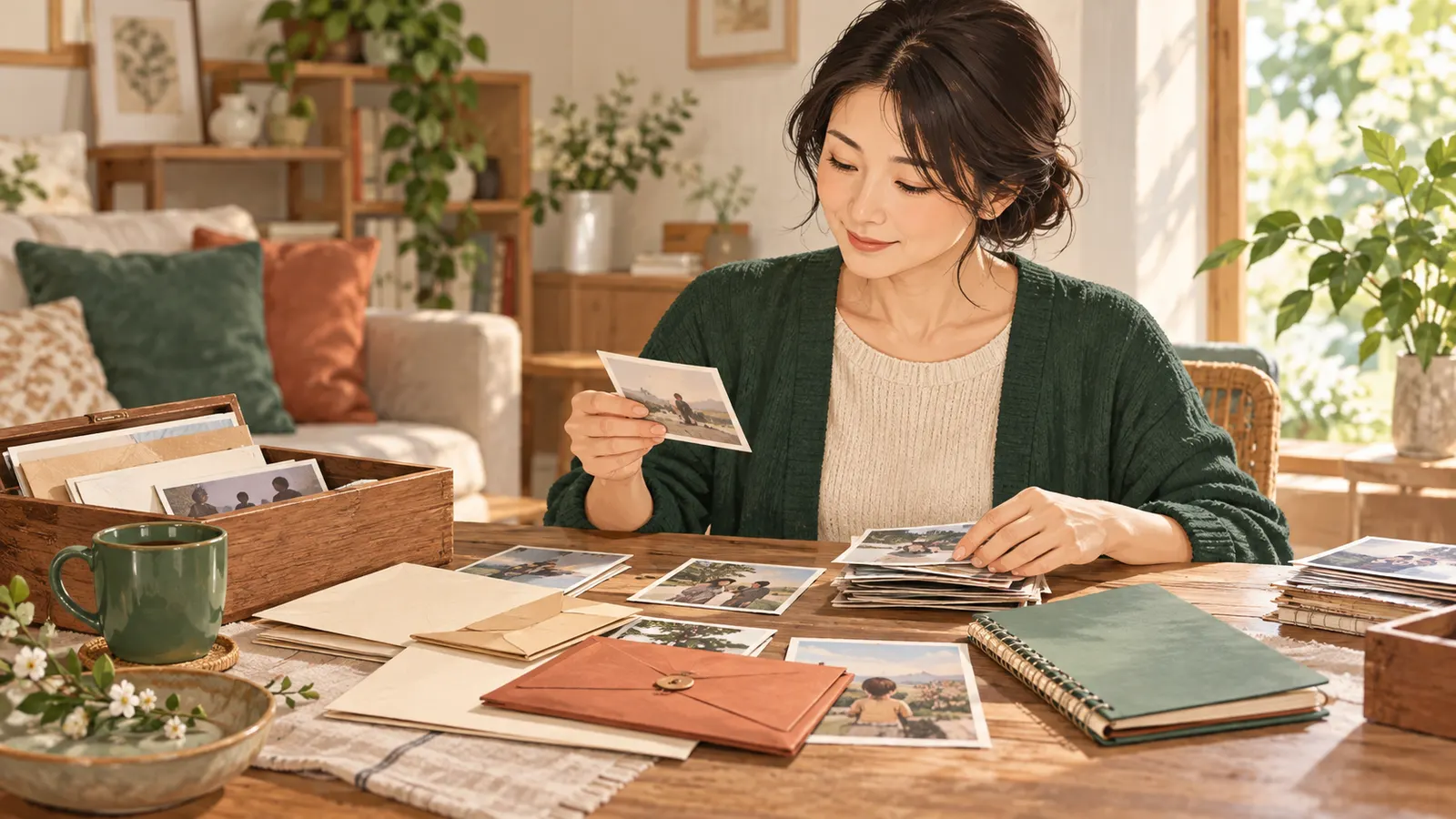 家族の写真と封筒、ノートを机で整理する女性