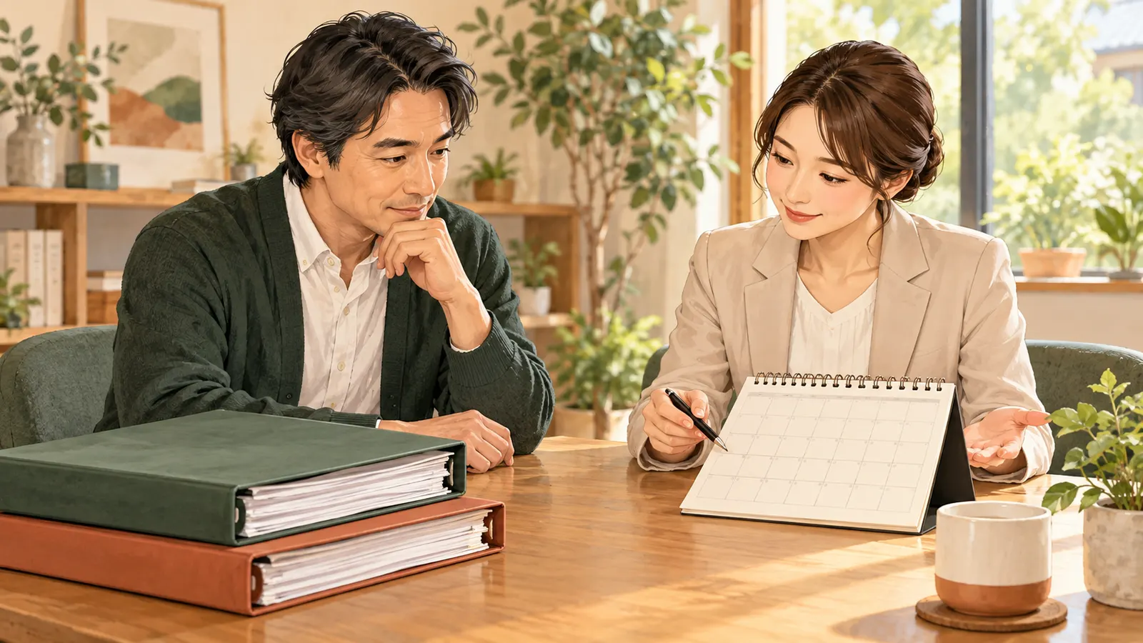 調査結果の資料とカレンダーを見ながら終了条件を確認する男性