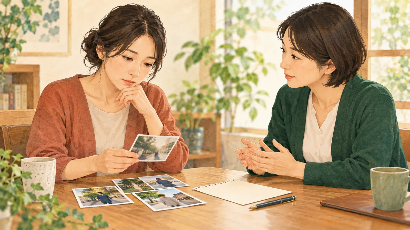 家族の情報をまとめた女性が相談窓口で話す落ち着いた場面
