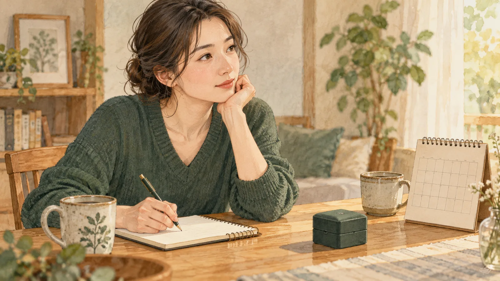 結婚の予定を考える女性が、指輪の箱とカレンダーのある机で相談メモを書く場面