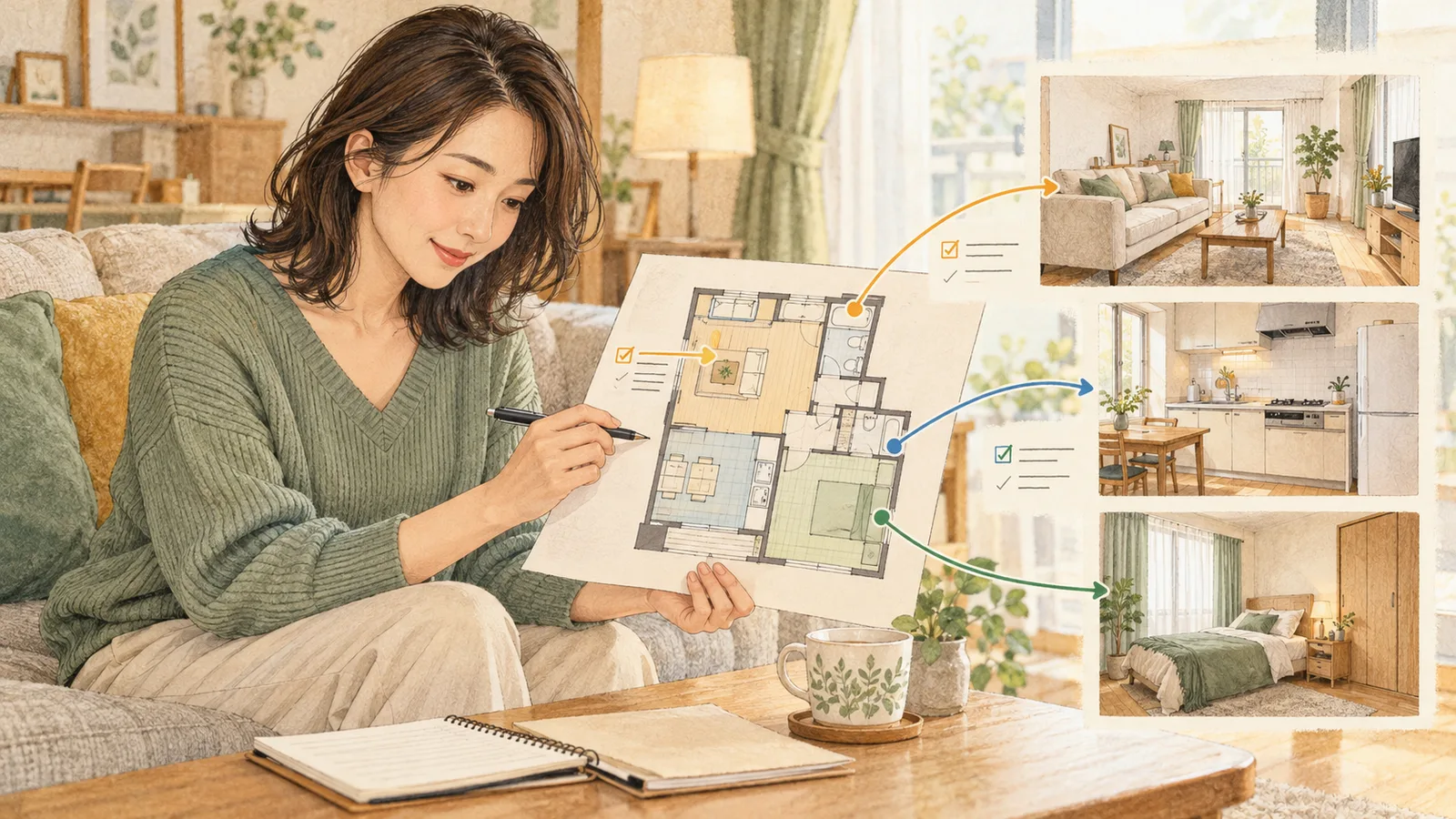 明るい自室で間取り図を手に取り、調べてほしい部屋を考える女性