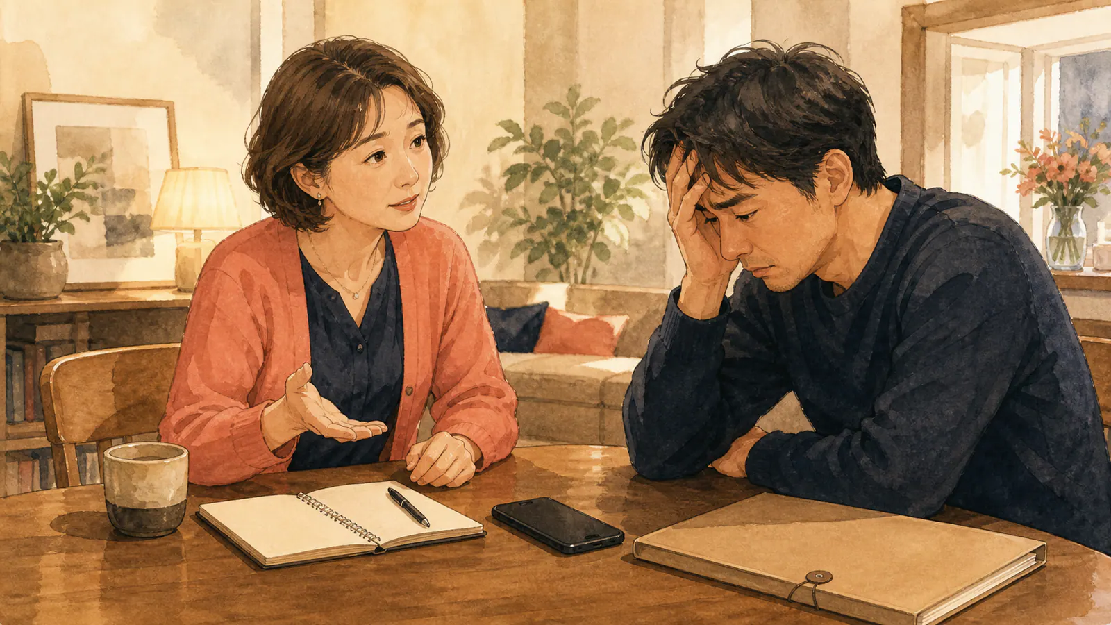 スマートフォンを伏せ、手元のメモと専門調査を分けて考えるユキエと相談者