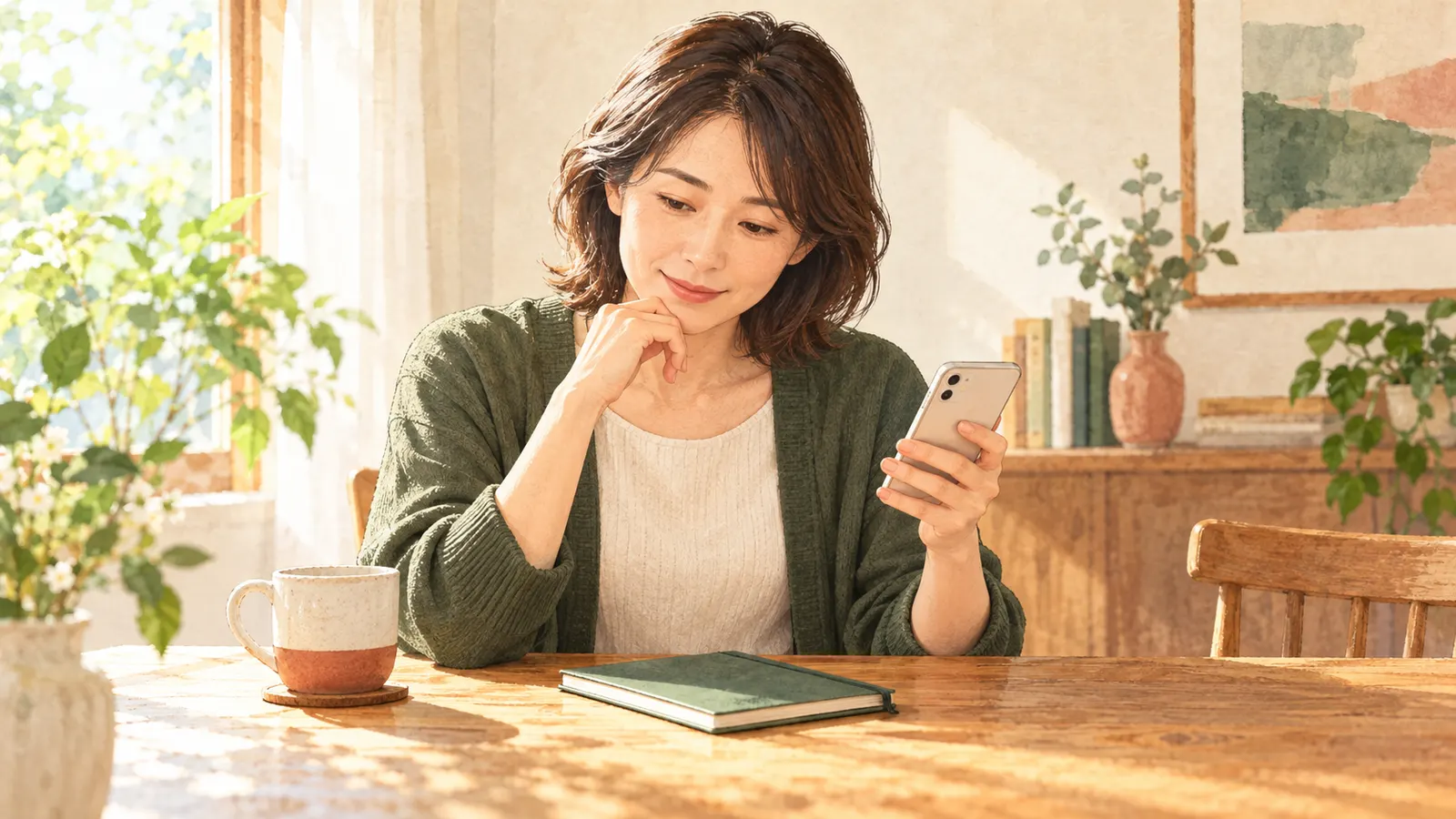 匿名相談を始める前にスマートフォンとメモを確認する女性