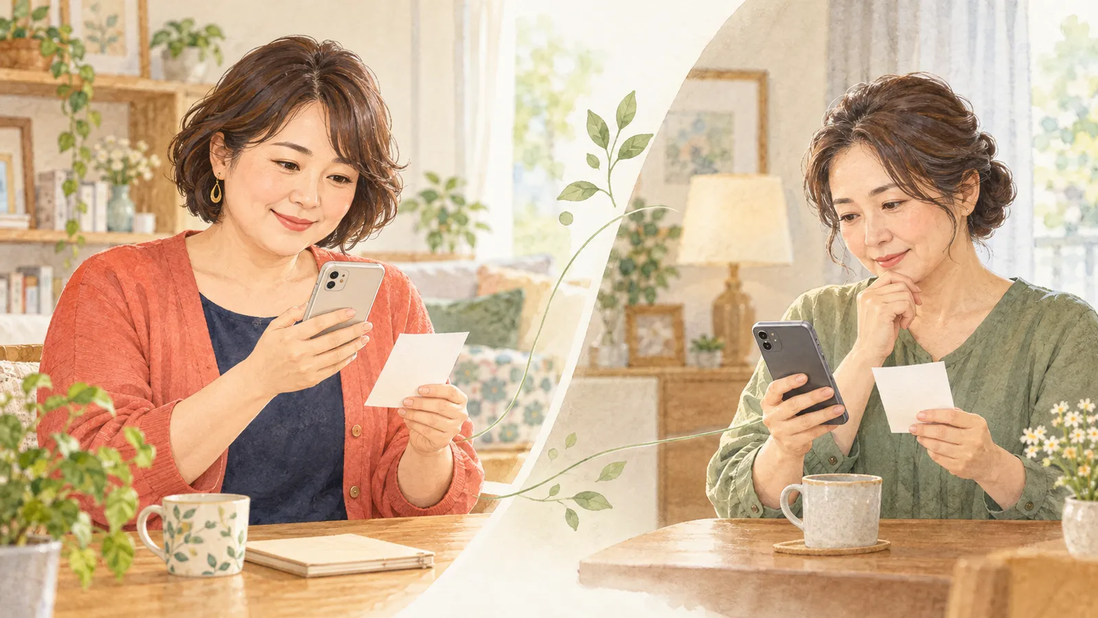 電話相談で話す短いメモとスマートフォンを確かめるユキエと女性