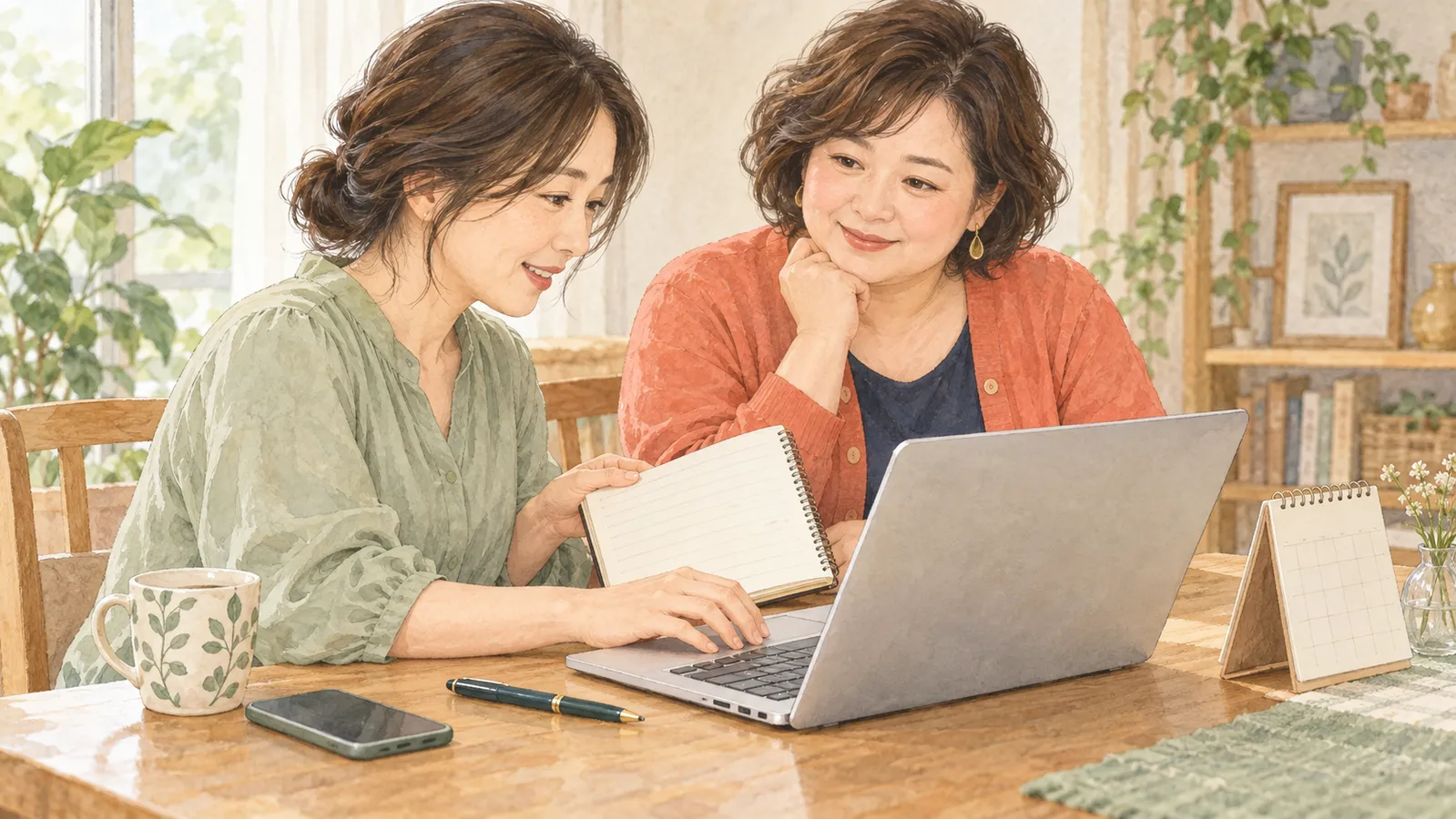 相談内容のメモを見ながらノートパソコンで文章を書く女性とユキエ