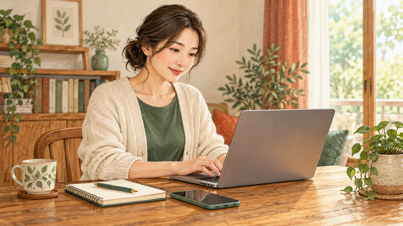 パソコンで入力する女性と、机に置かれたノートとスマートフォン